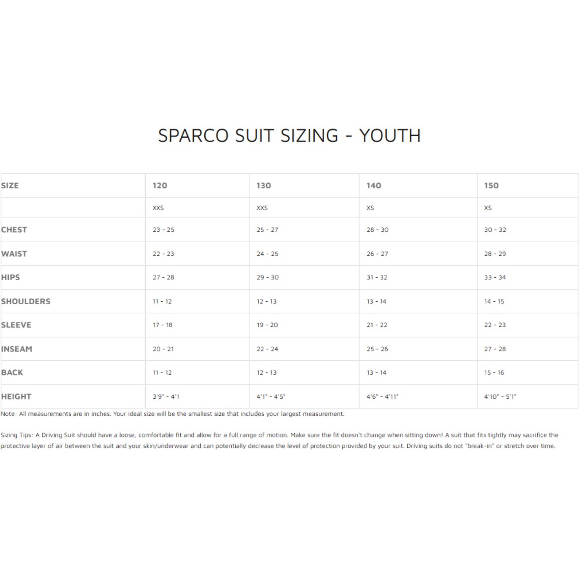 The youth suit sizing guide size chart from Sparco. all-groups