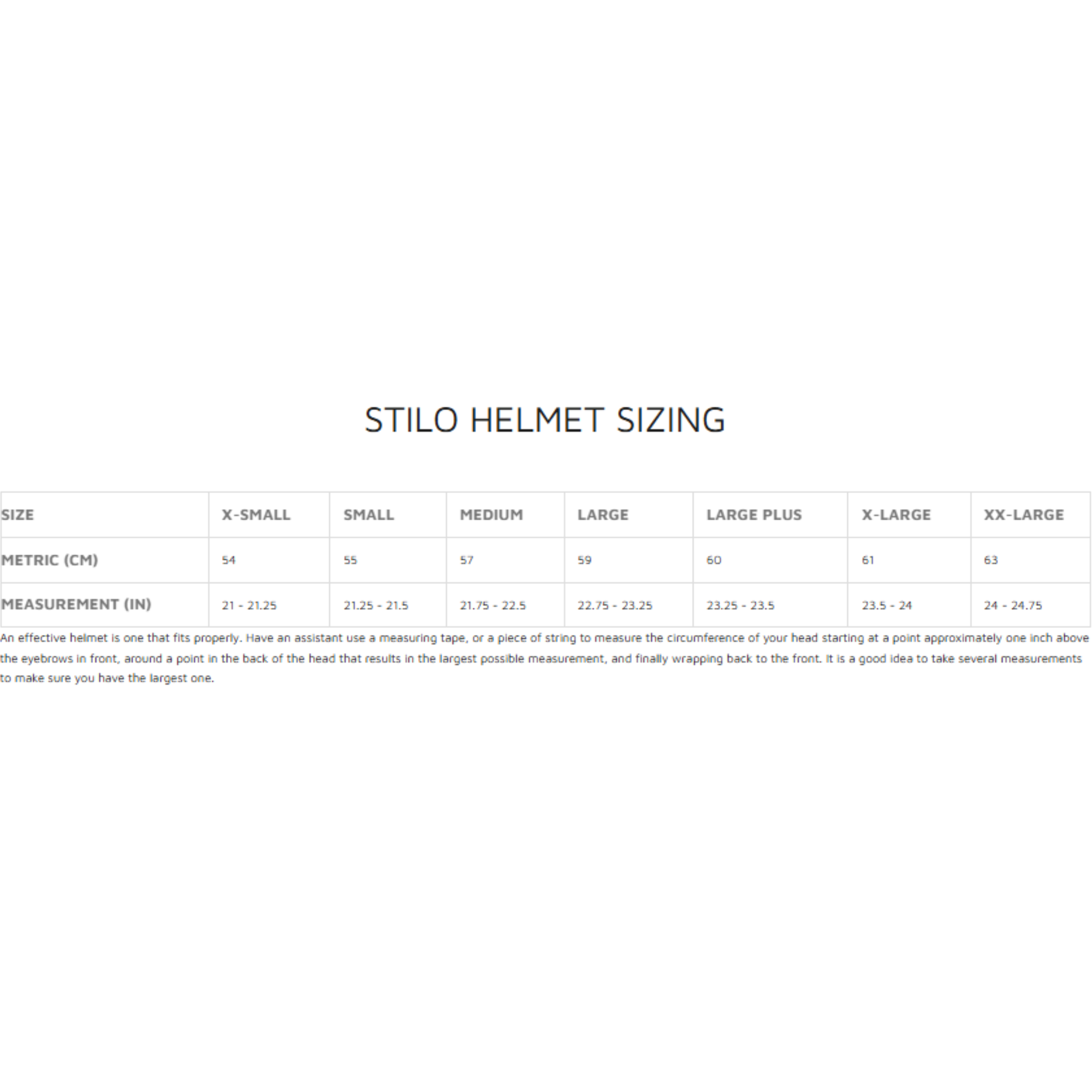 The size guide/sizing chart for Stilo Helmets. all-groups