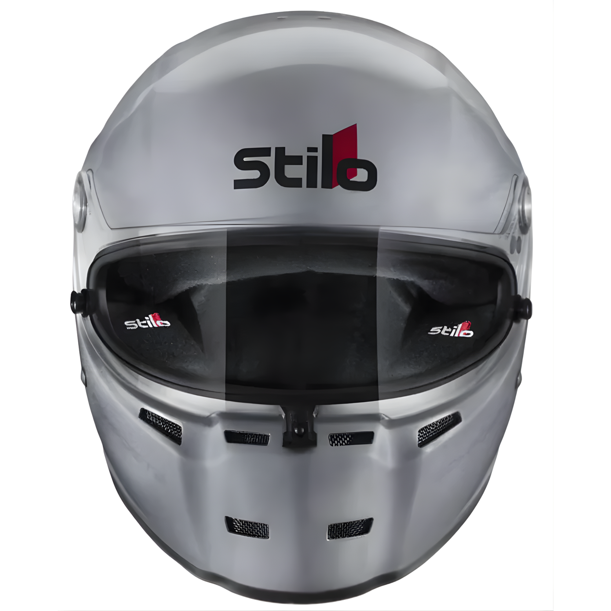 The front of the silver Stilo ST5 FN Composite SA2020/FIA8859 Helmet.
