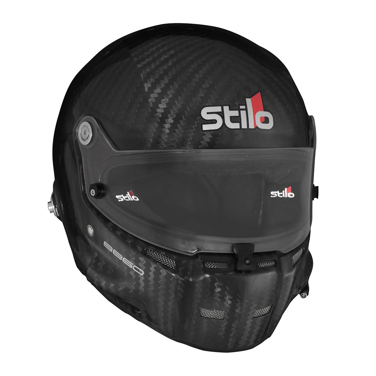 The Stilo ST5 GT Carbon Racing Helmet - FIA 8860-2018 at an angle.
