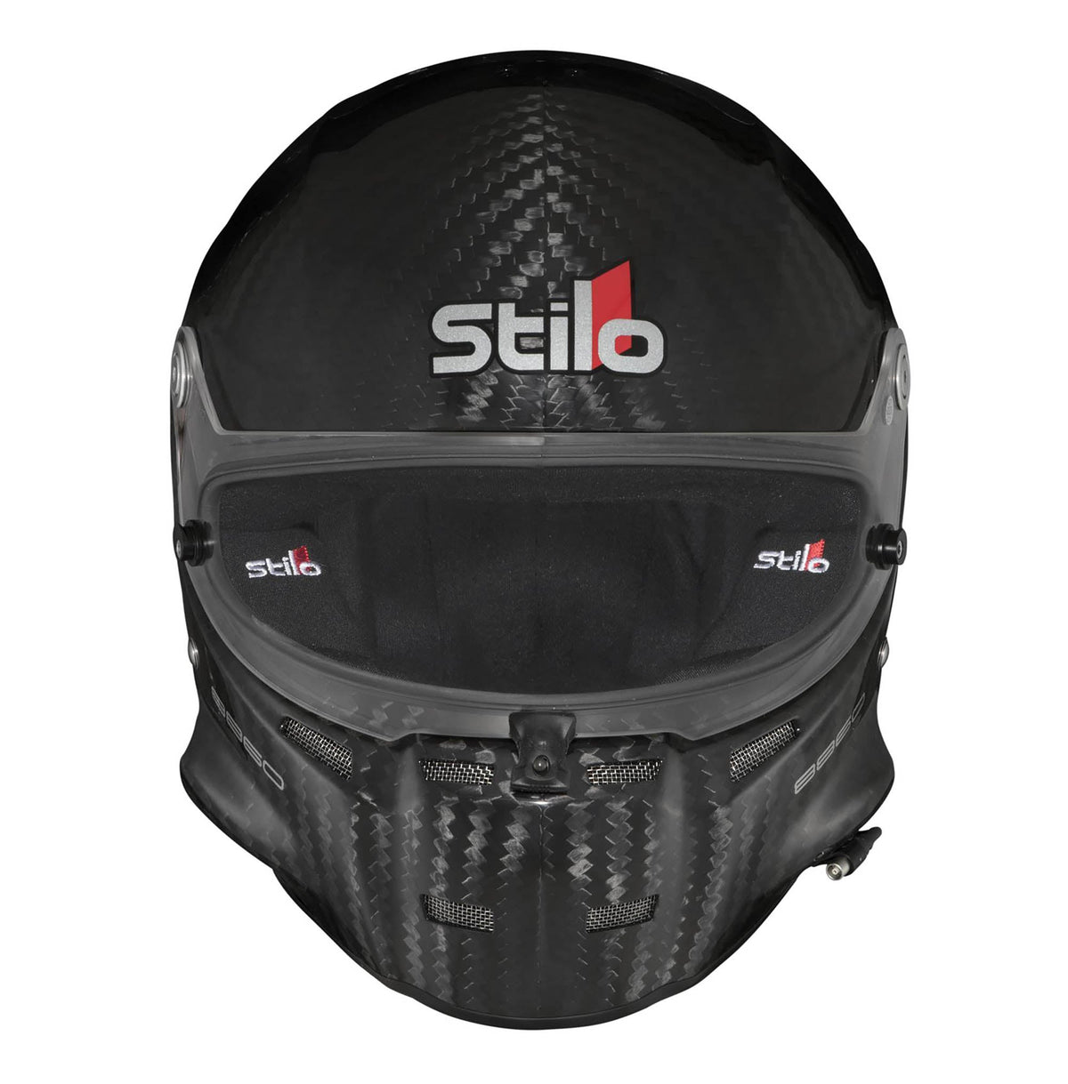 The Stilo ST5 GT Carbon Racing Helmet - FIA 8860-2018 from the front.