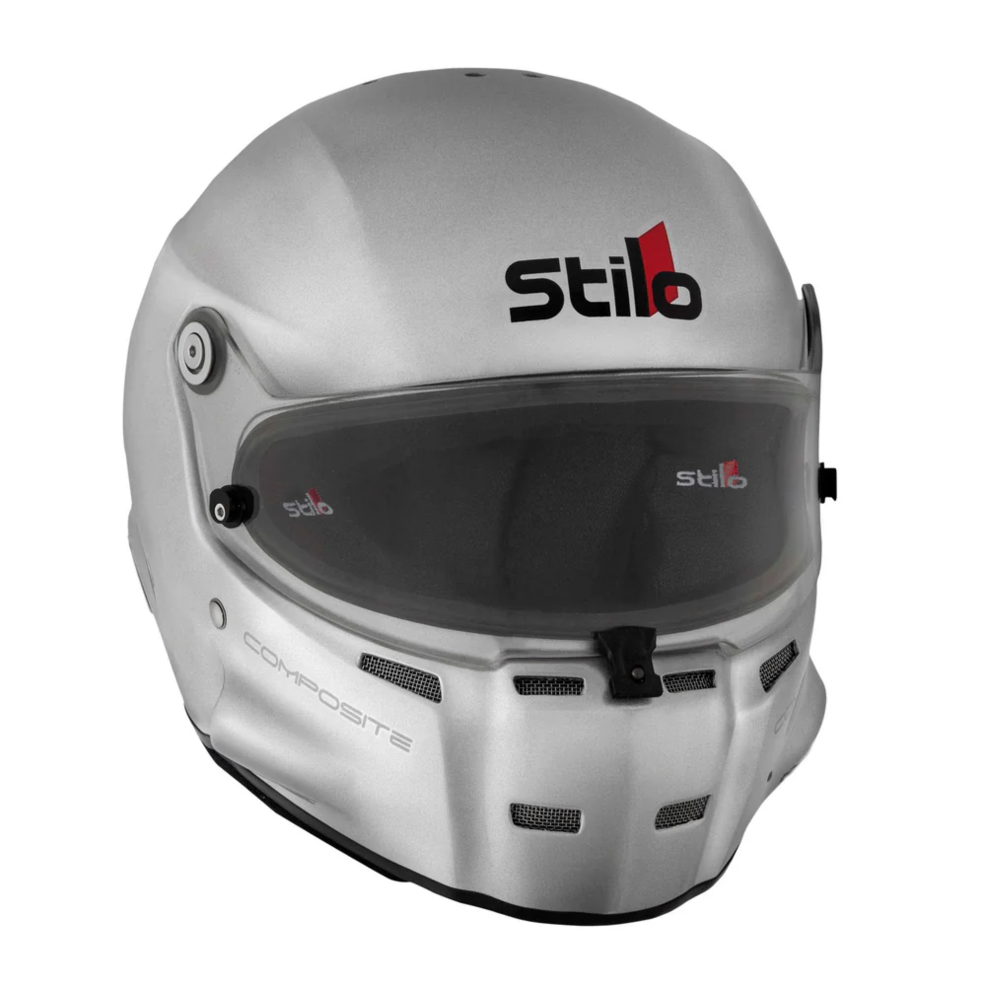 The silver Stilo ST5 GT Composite SA2020/FIA8859 Helmet from Stilo at an angle.