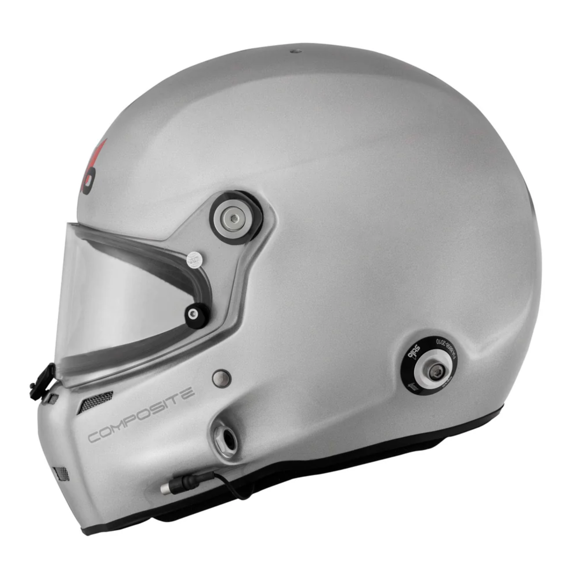 The side of the silver Stilo ST5 GT Composite SA2020/FIA8859 Helmet from Stilo.
