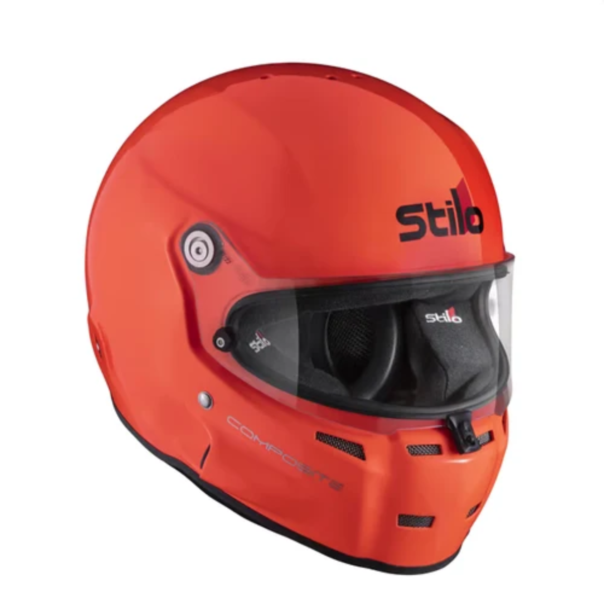 The orange SA2020 and FIA 8859 2020 approved Stilo ST5 GT Offshore Racing Helmet at an angle.