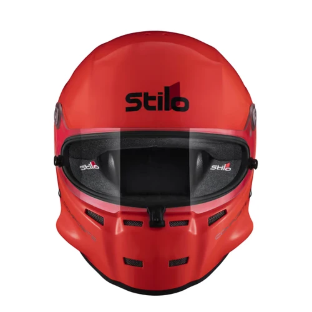The front of the orange SA2020 and FIA 8859 2020 approved Stilo ST5 GT Offshore Racing Helmet.