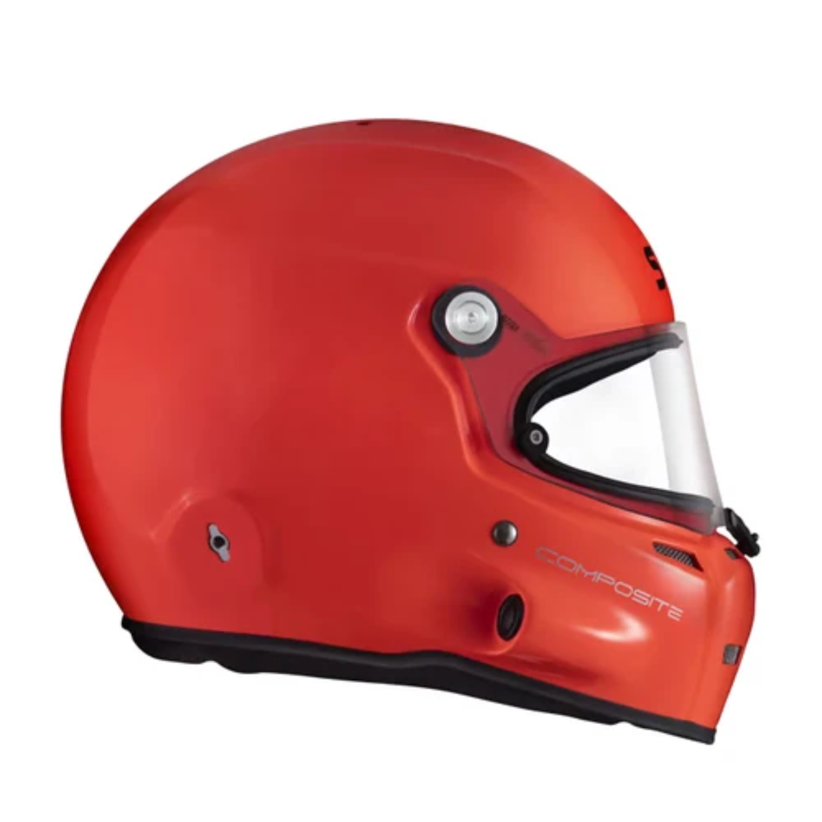 The left side of the orange SA2020 and FIA 8859 2020 approved Stilo ST5 GT Offshore Racing Helmet.