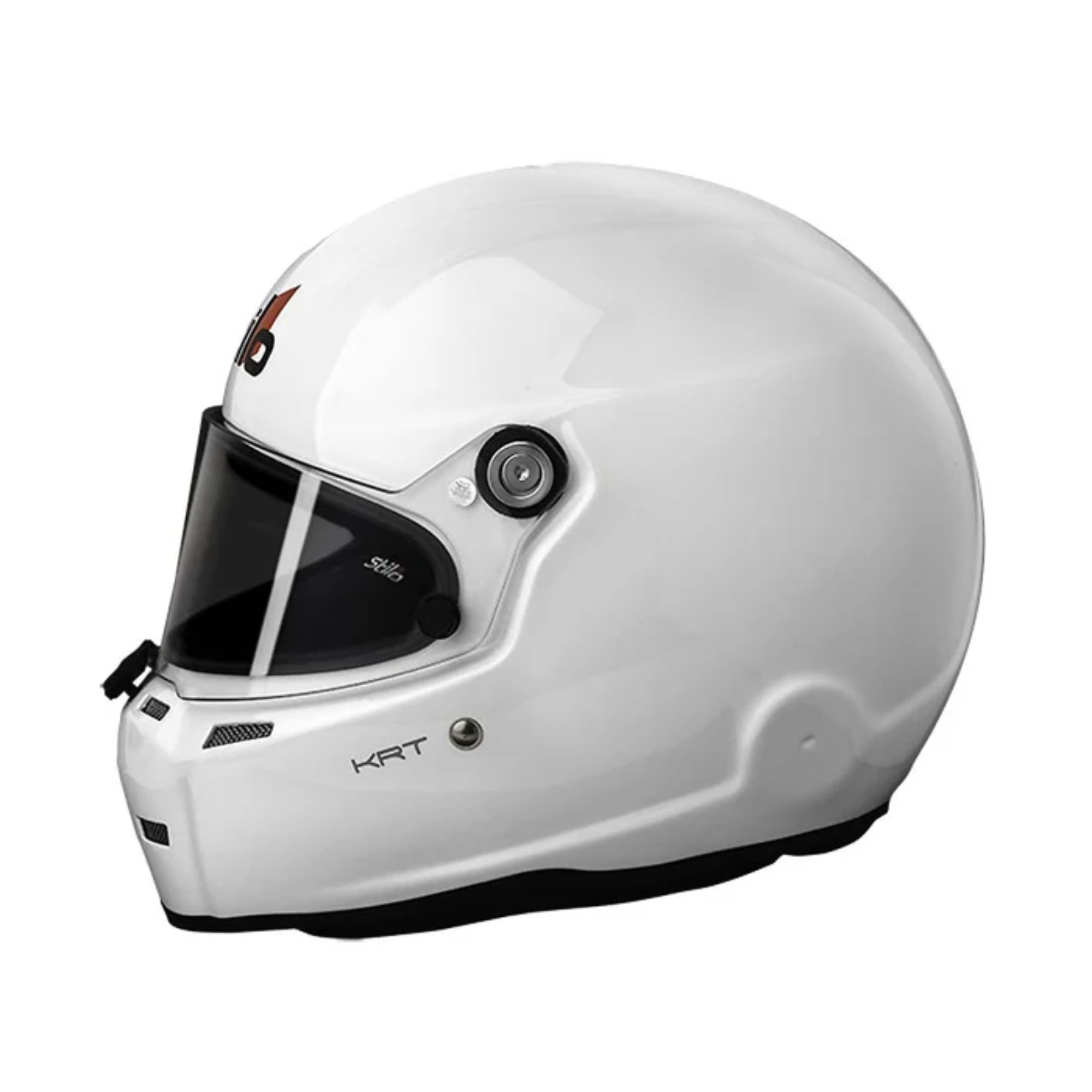 The side of the white Stilo ST5 KRT20 Composite Karting Helmet.