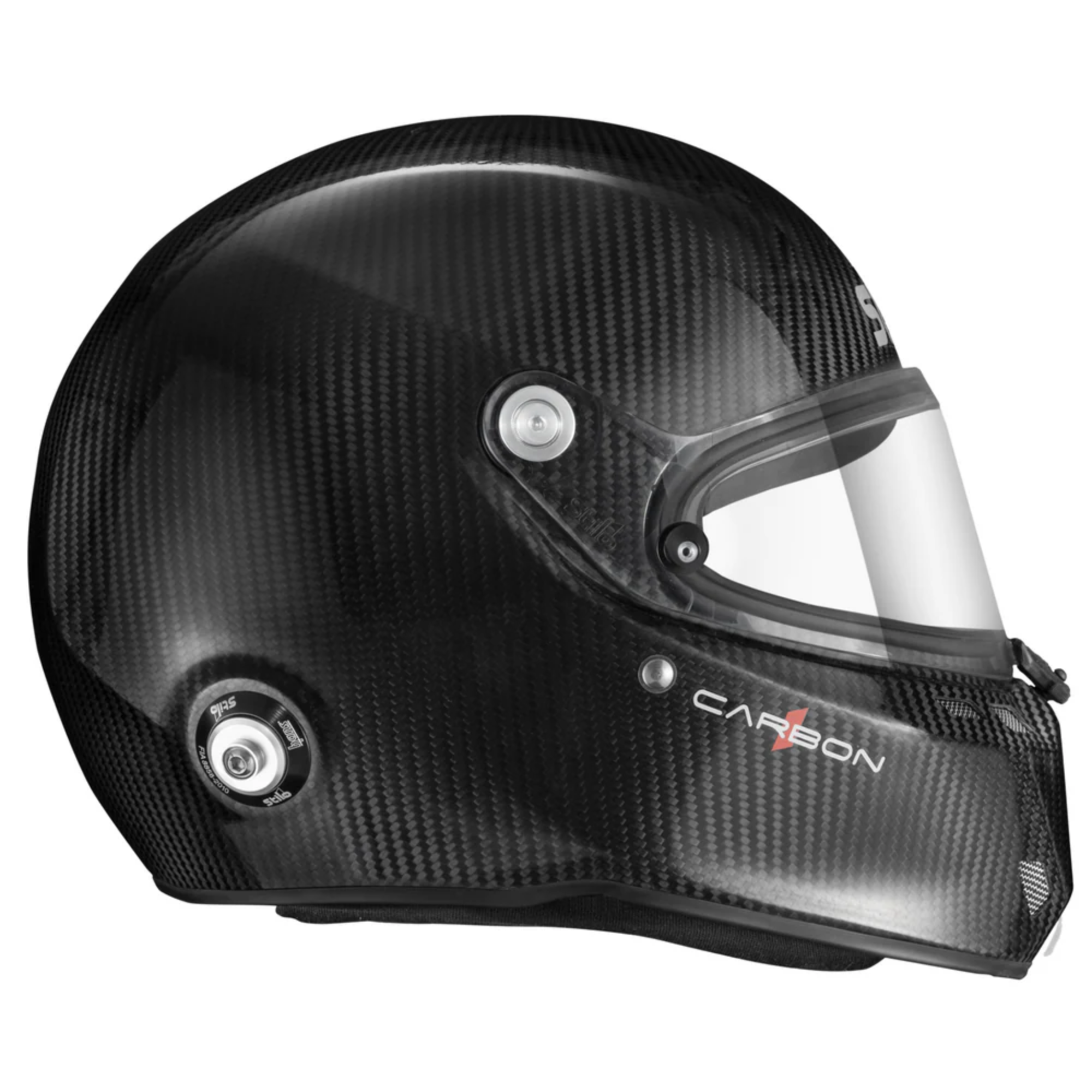 The left side of the black Stilo ST6 FN Carbon FIA8860-2018 Helmet.