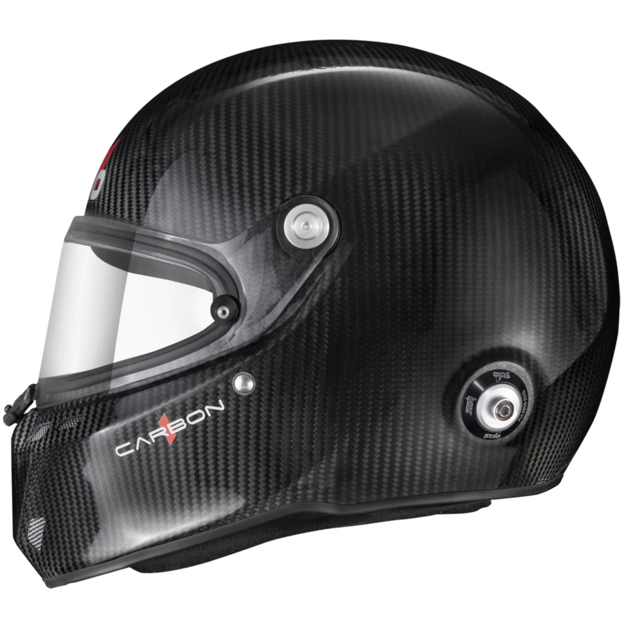 The right side of the black Stilo ST6 FN Carbon FIA8860-2018 Helmet.