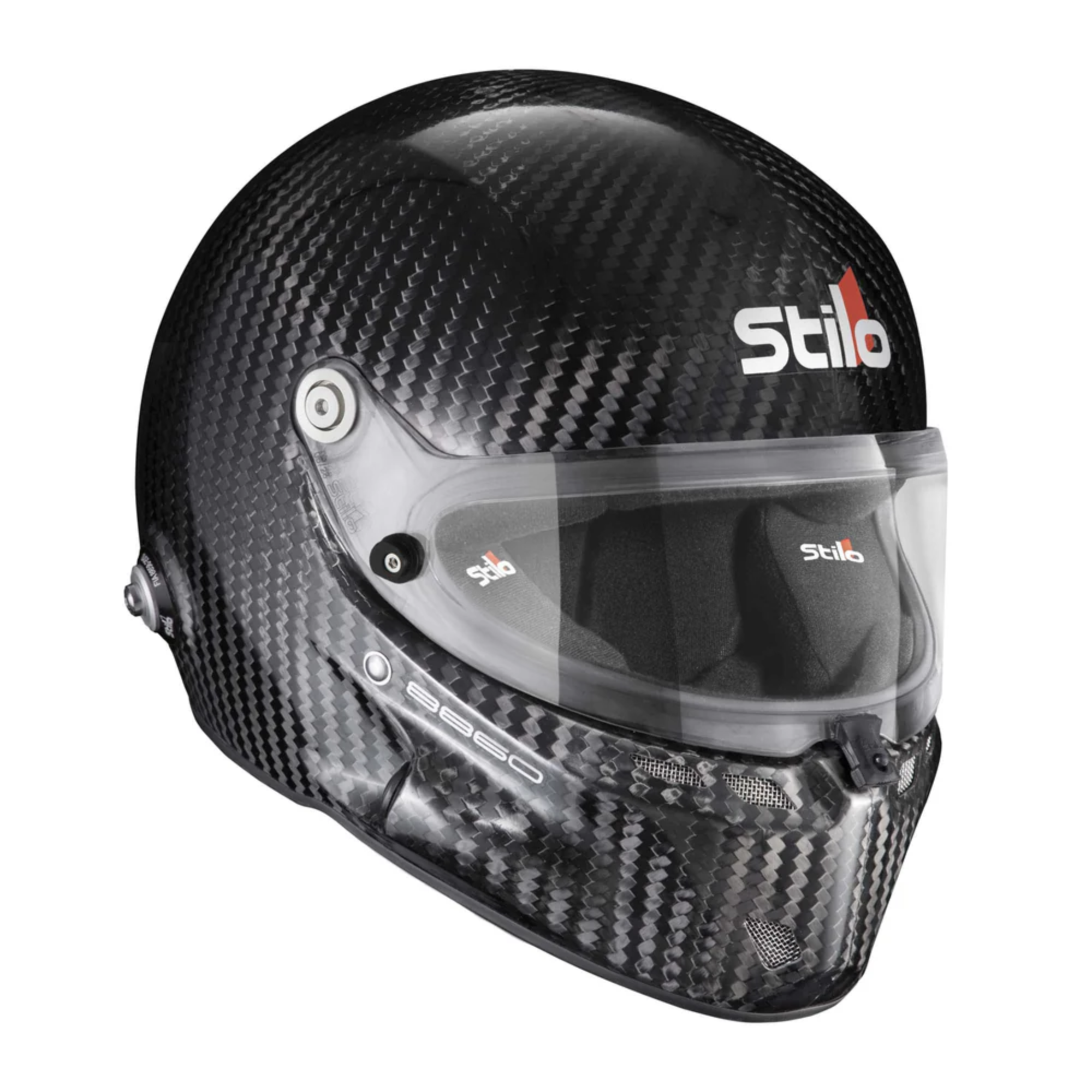 The Stilo ST6 GT Carbon Racing Helmet - FIA8860 from Stilo at an angle.