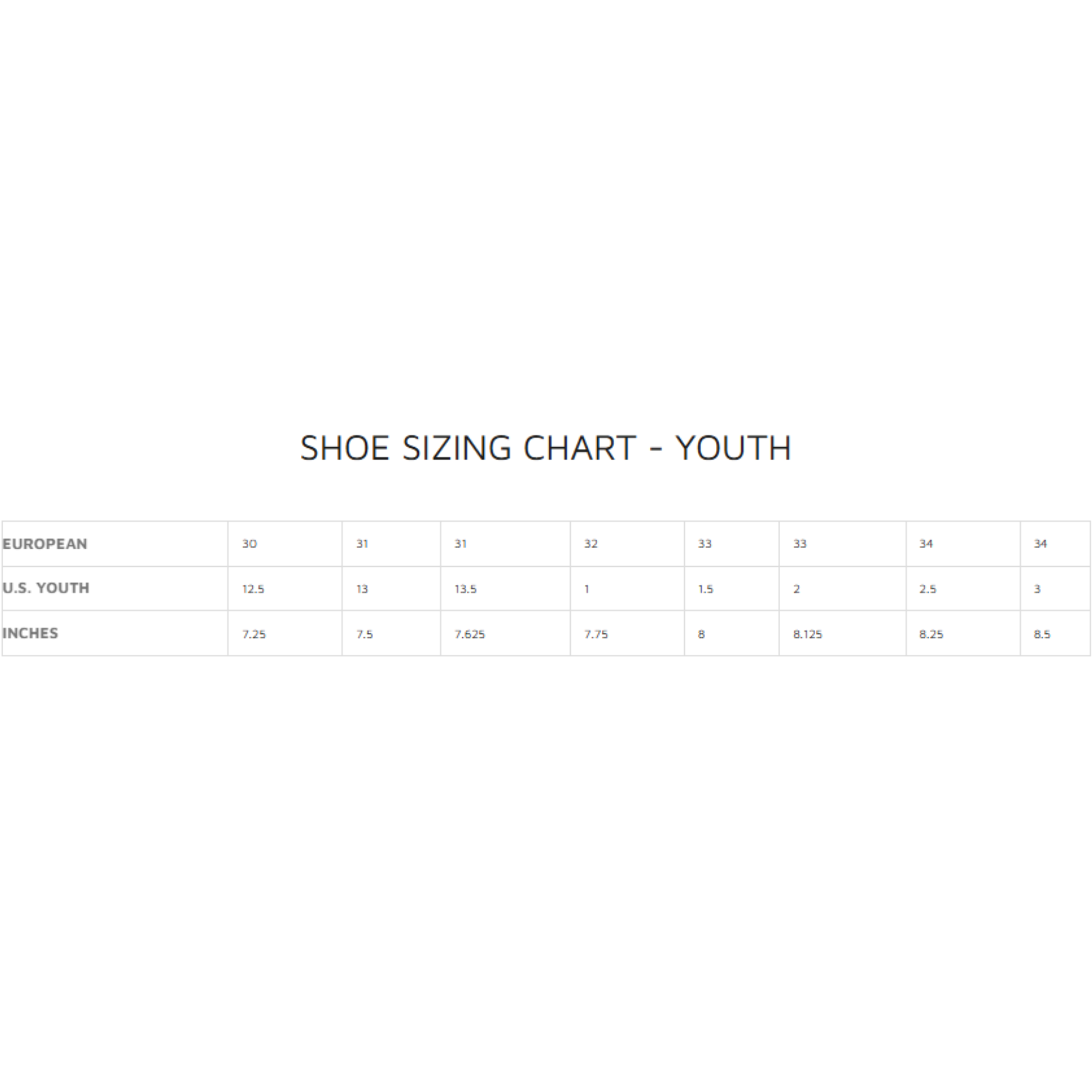 The sizing chart (size guide) for youth shoes. all-groups