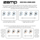 The Zamp Racing cheek pads and crown liners sizing chart from Everyday Motorsports.