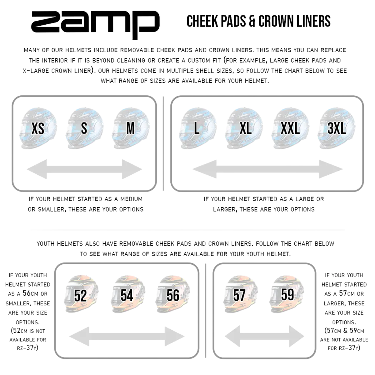 The Zamp Racing cheek pads and crown liners sizing chart from Everyday Motorsports.
