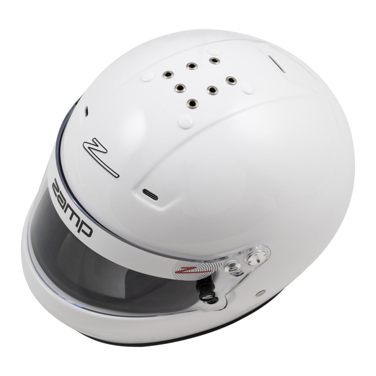 The SA2025 rated Zamp Racing RZ-57 Racing Helmet in gloss white from the top at an angle.