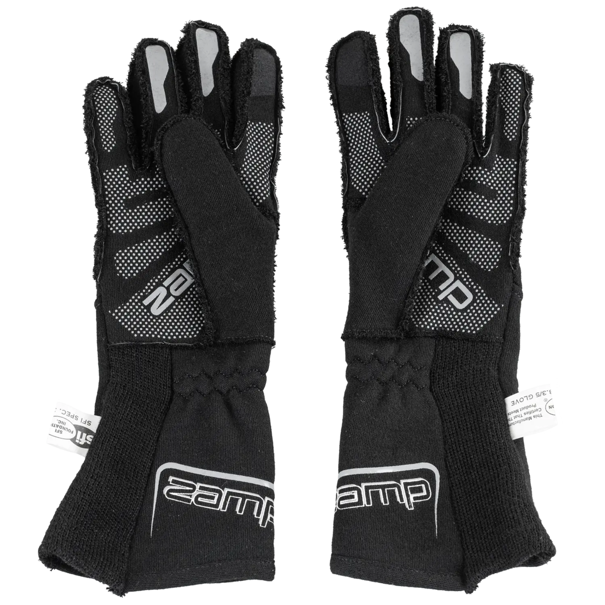 The black SFI 3.3/5 rated Zamp Racing ZR-70 Performance Race Gloves with the thumbs tucked in.