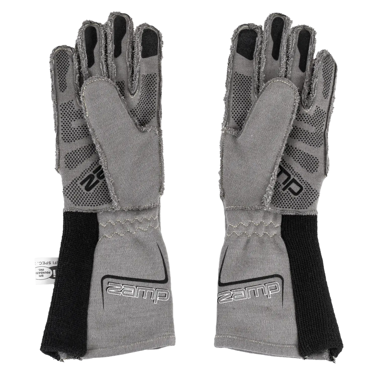 The gray SFI 3.3/5 rated Zamp Racing ZR-70 Performance Race Gloves with the thumbs tucked in.
