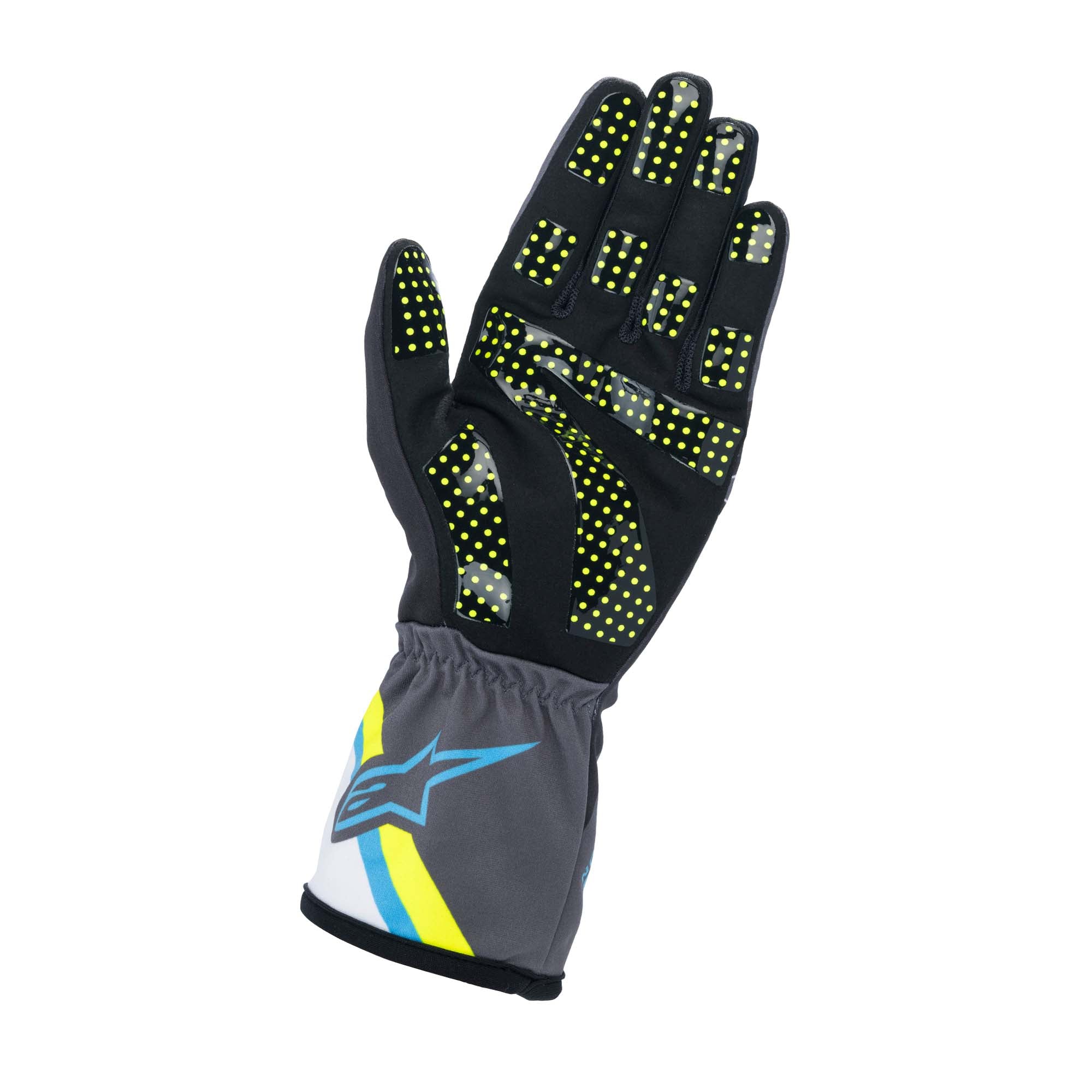The palm of the black, cyan and yellow Alpinestars Tech-1 K Race S v2 Youth Karting Gloves - Graphic.