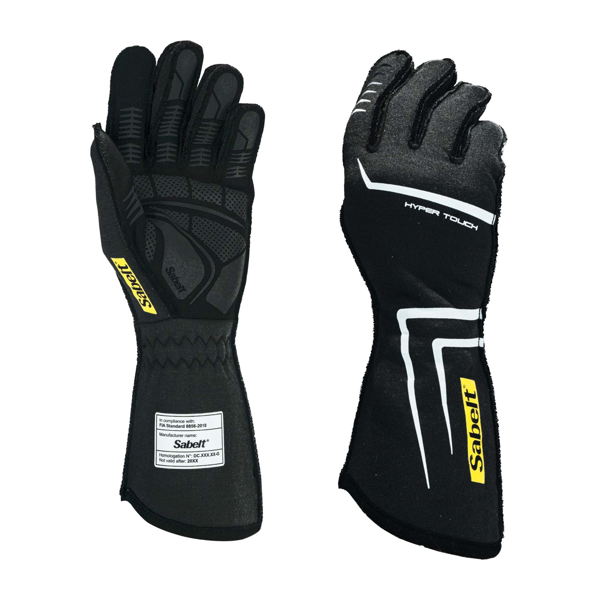 The FIA 8856-2018 rated black Sabelt Hero Hypertouch TG-12 Fire-Resistant Racing Gloves.