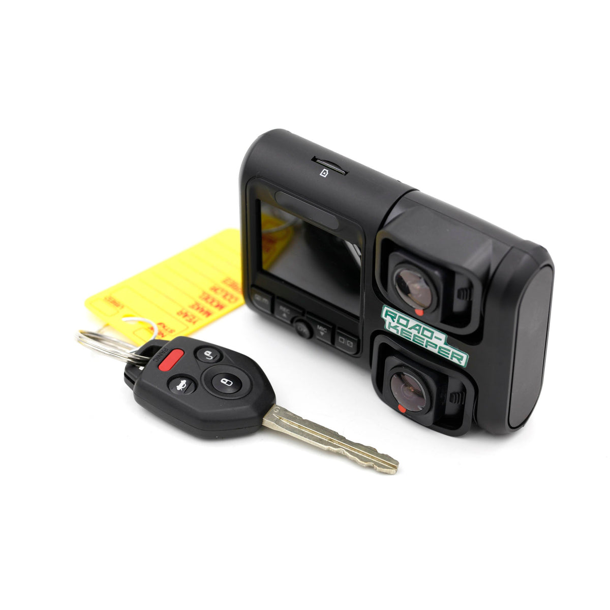 The Road-Keeper Dual HD Video Camera and Roll Bar Mount with a car key.