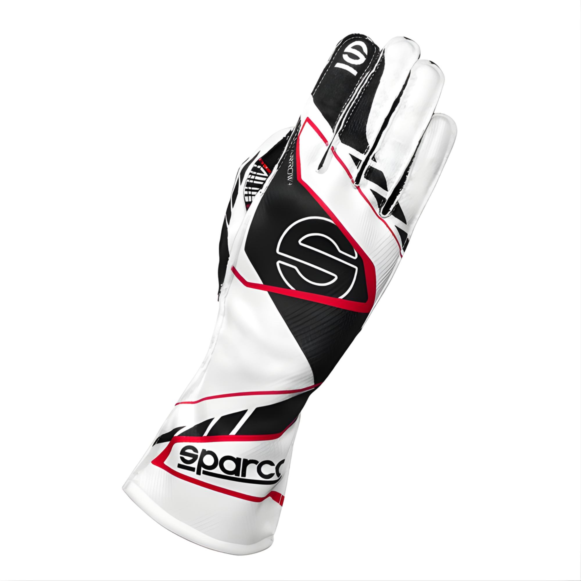 The back of the white and black Sparco K-Arrow+ Karting Gloves from Sparco.