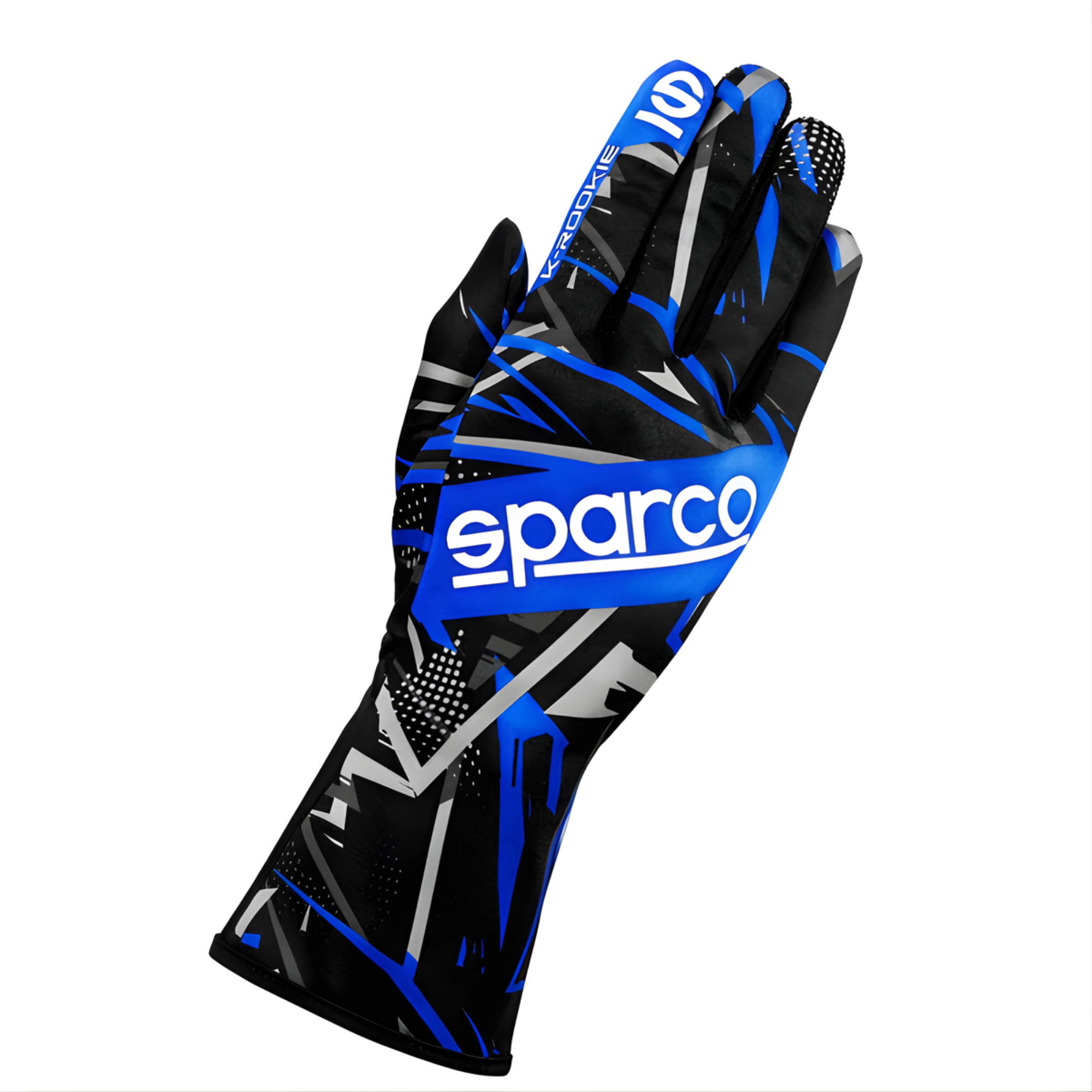 The back of the black and celeste Sparco K-Rookie Karting Gloves from Sparco.