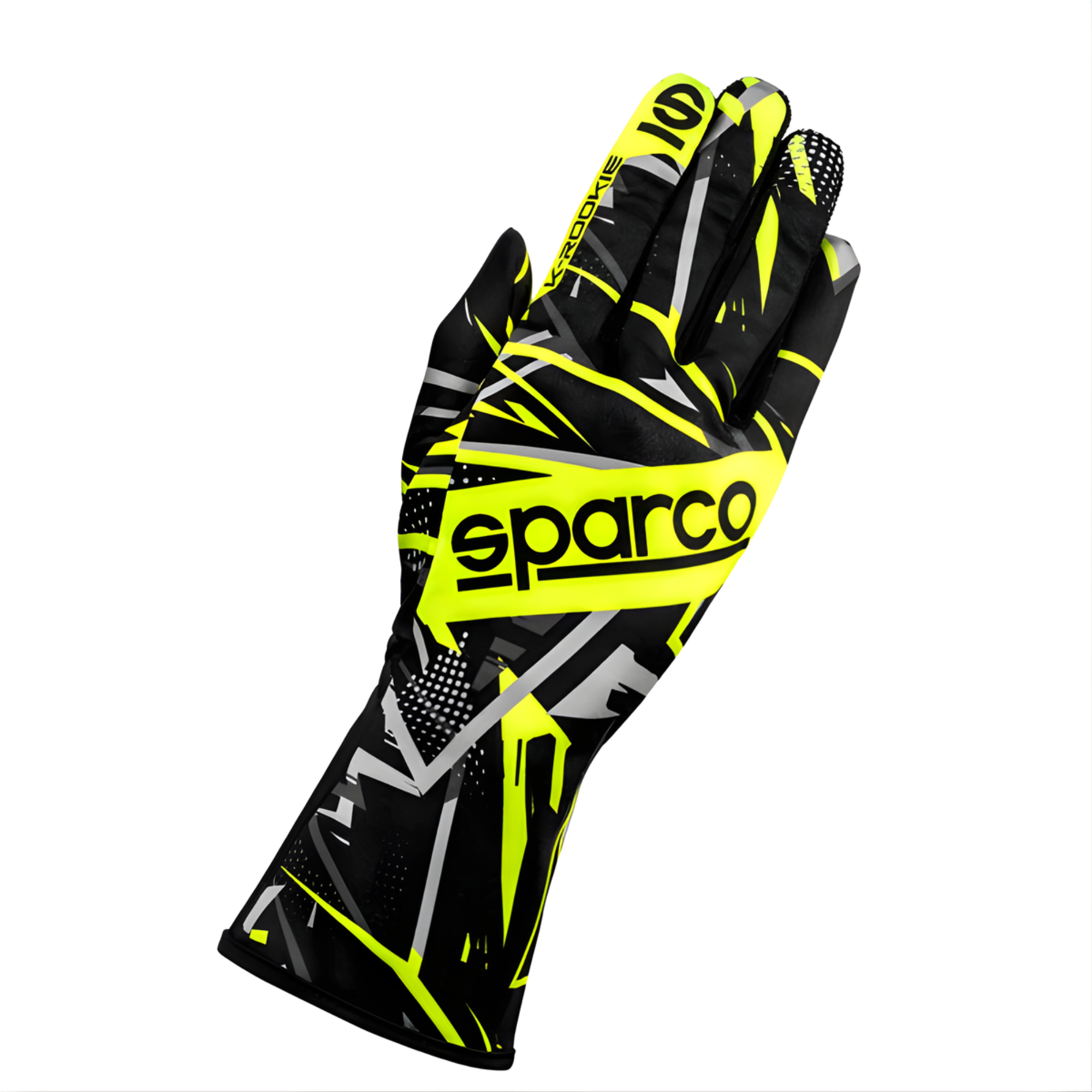 The back of the black and yellow Sparco K-Rookie Karting Gloves from Sparco.
