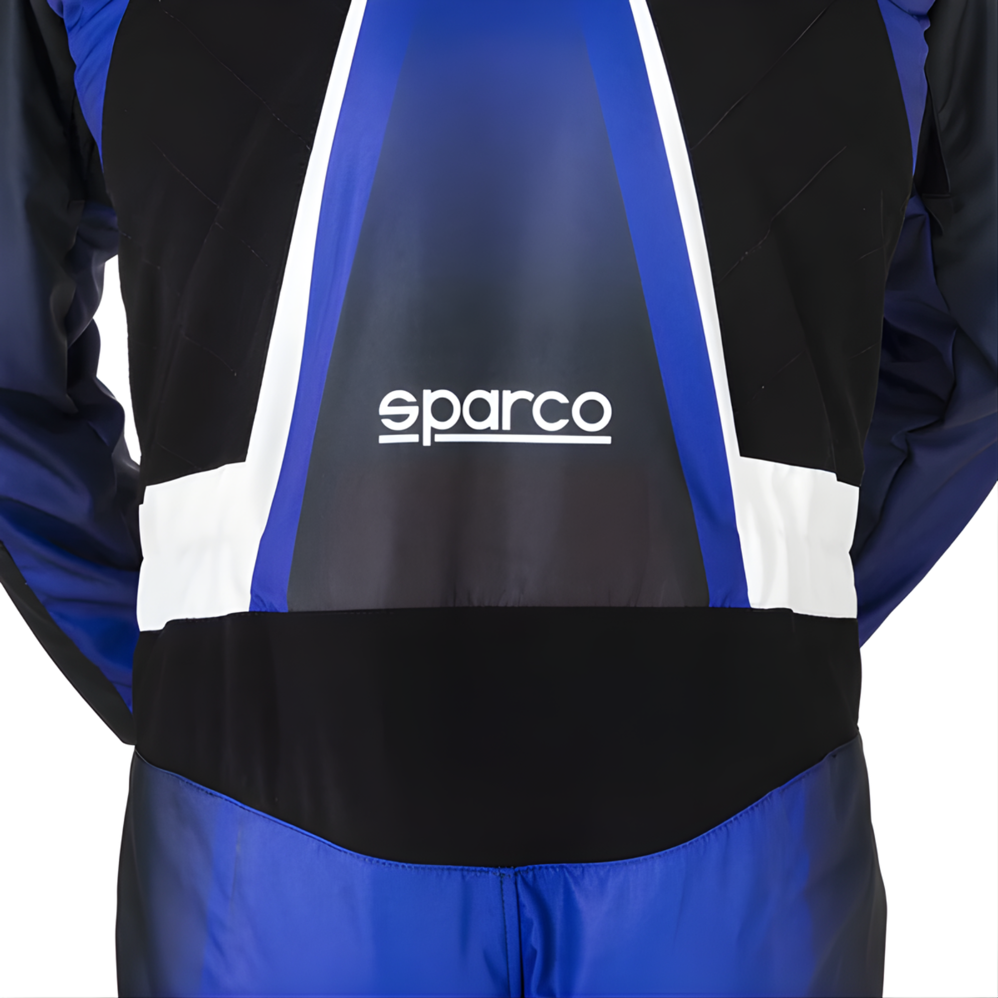 The blue and white Sparco Prime K Advanced Youth Kart Racing Suit from Sparco showing the back in detail.
