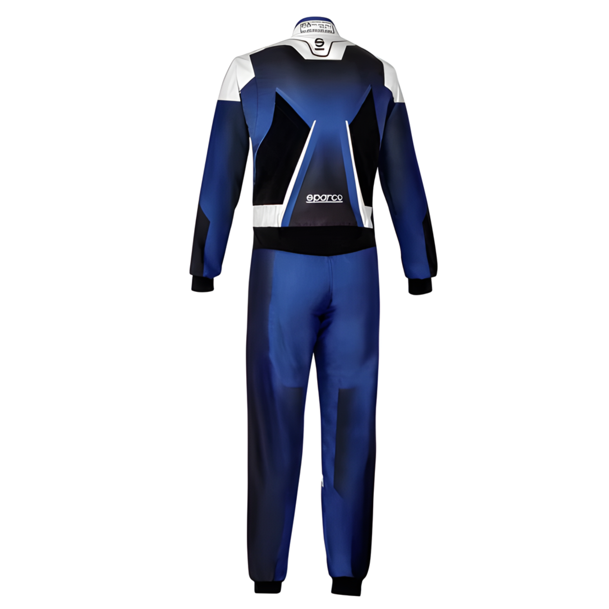 The blue and white Sparco Prime K Advanced Youth Kart Racing Suit from Sparco from the back.