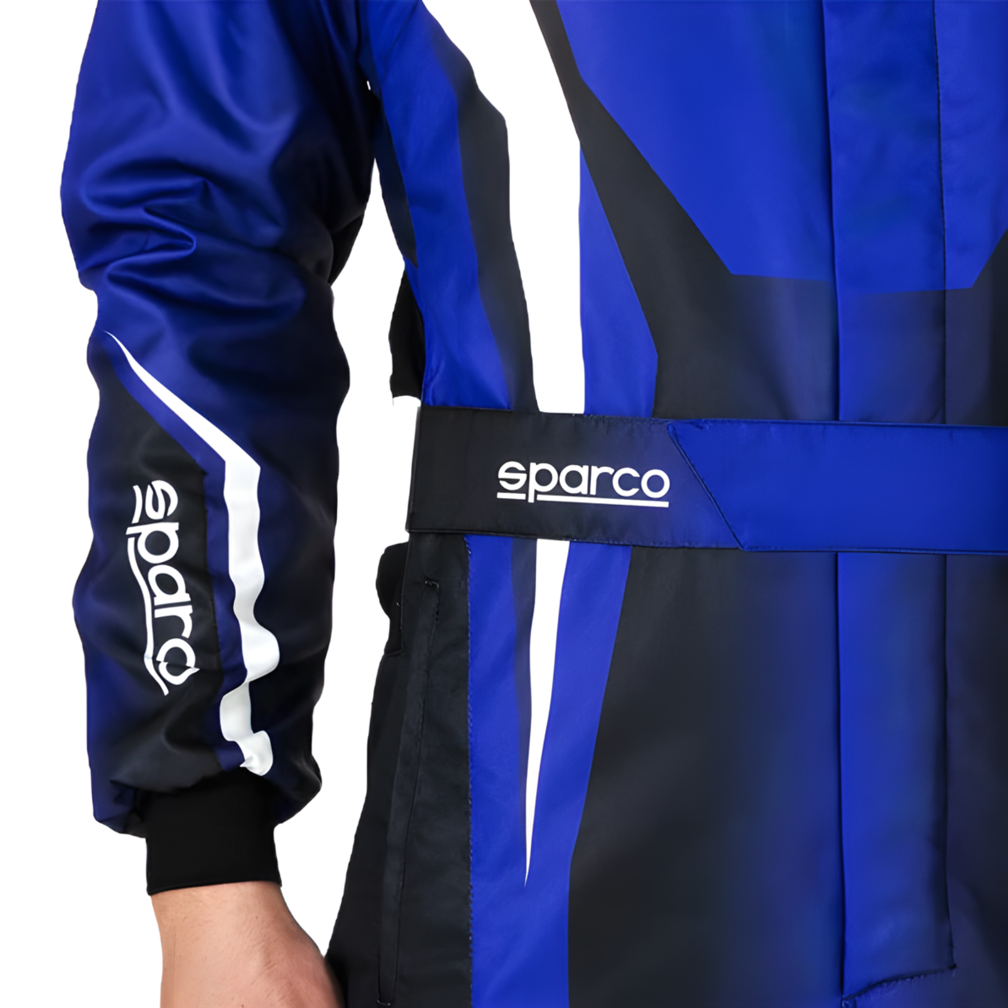 The blue and white Sparco Prime K Advanced Youth Kart Racing Suit from Sparco close up.