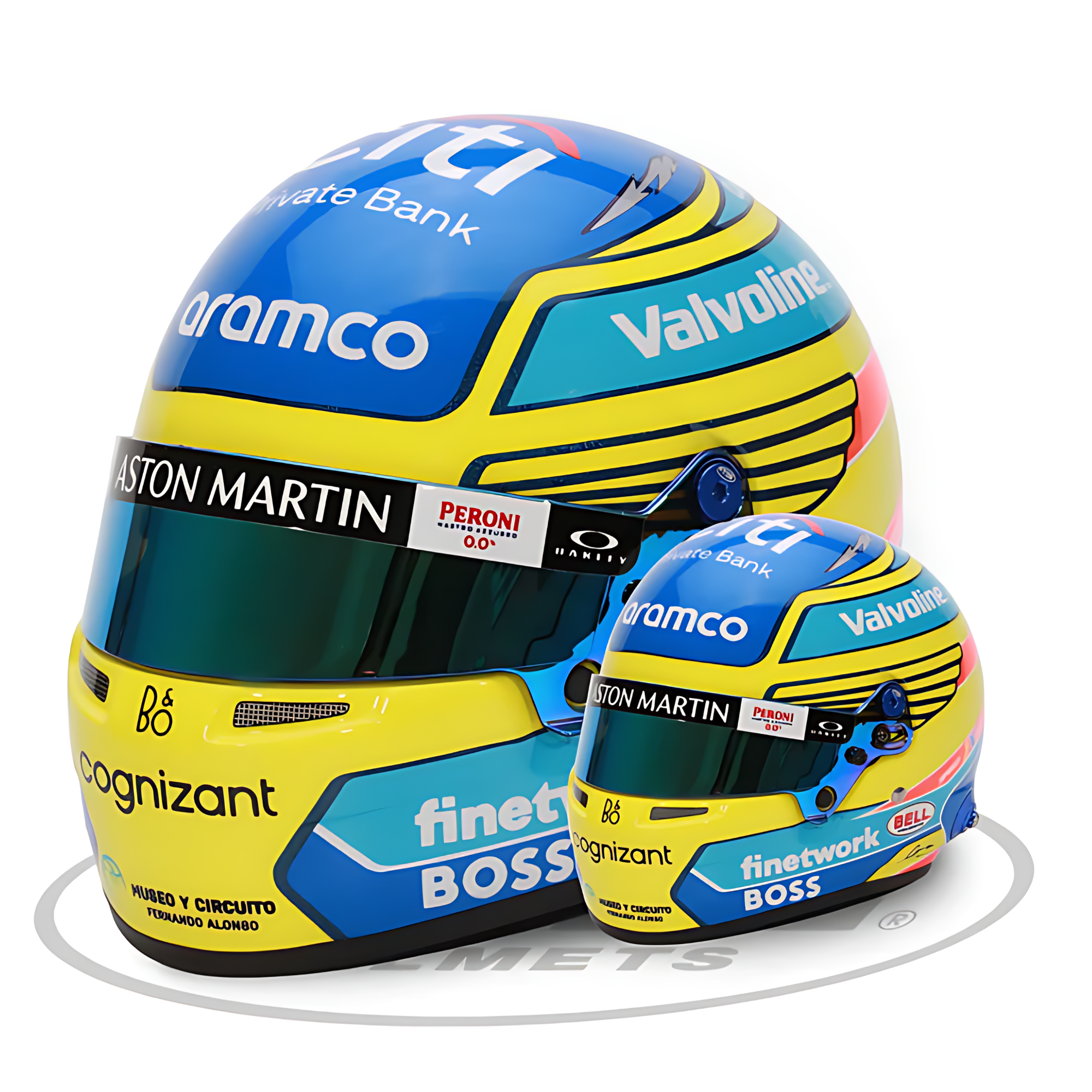 The Fernando Alonso 2024 Mini Bell Helmet from Bell, a half-scale replica of the two-time champions 2024 helmet.