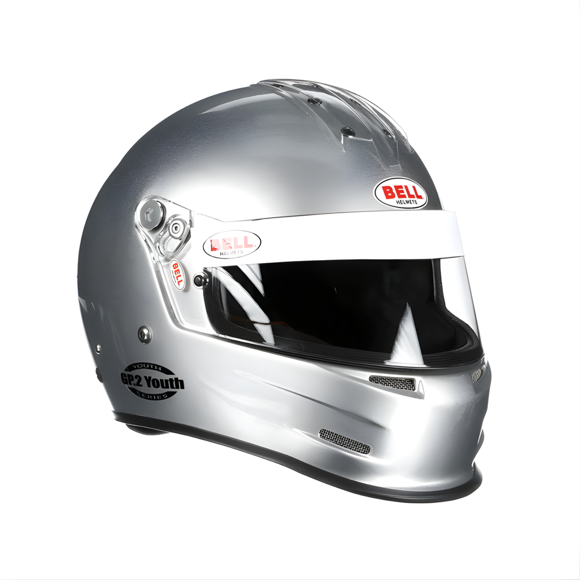 The silver Bell GP.2 Youth SFI Racing Helmet from Sparco from the side.