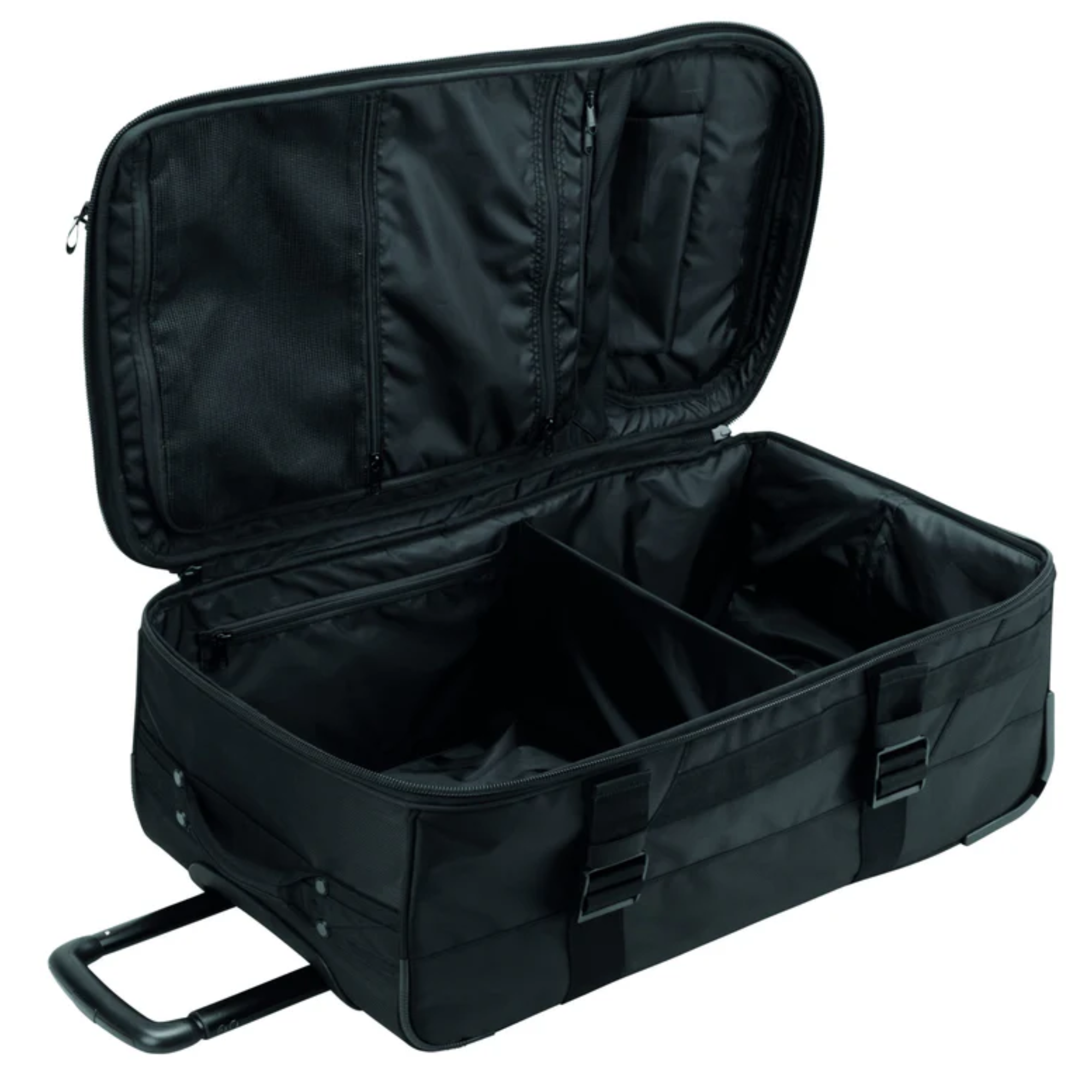 The black Large OMP Trolley Bag from OMP open showing the internal storage compartments.