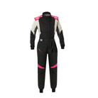 The front of the black and fuchsia OMP First Evo Elle Women's Racing Suit from OMP.