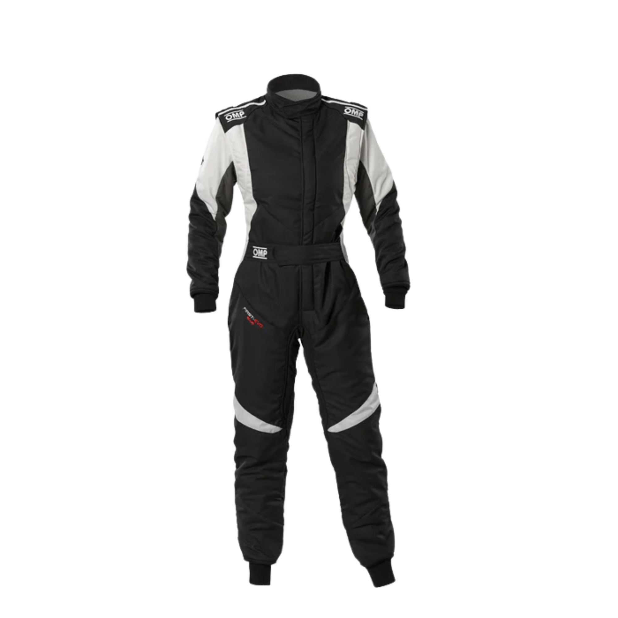 The front of the black and white OMP First Evo Elle Women's Racing Suit from OMP.