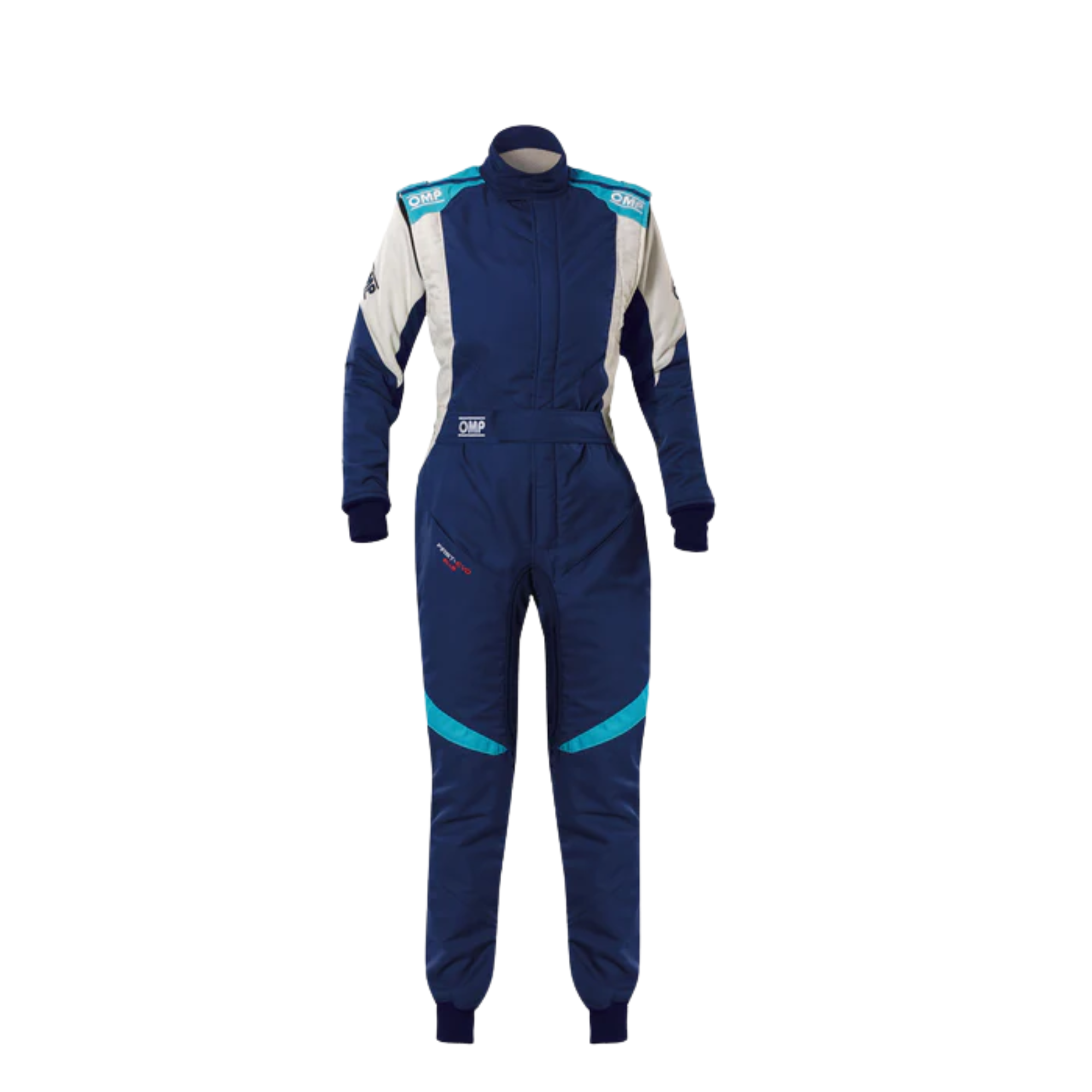 The front of the navy and tiffany OMP First Evo Elle Women's Racing Suit from OMP.