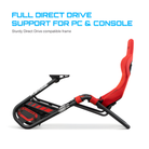 The red Playseat Trophy from Playseat highlighting the full direct drive support for pc and console with more information.
