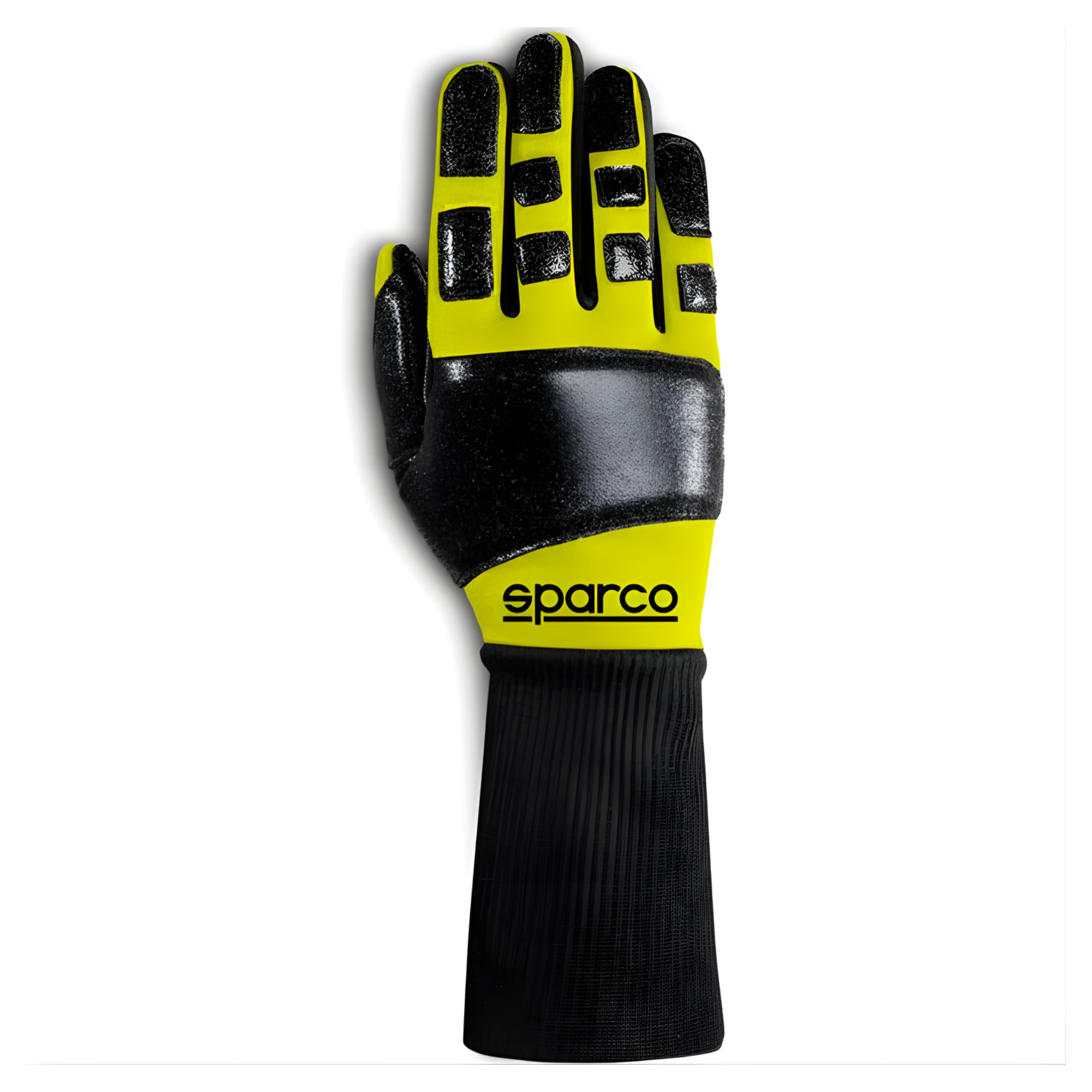 The back of the yellow Sparco R-Meca FIA Crew Gloves from Sparco.