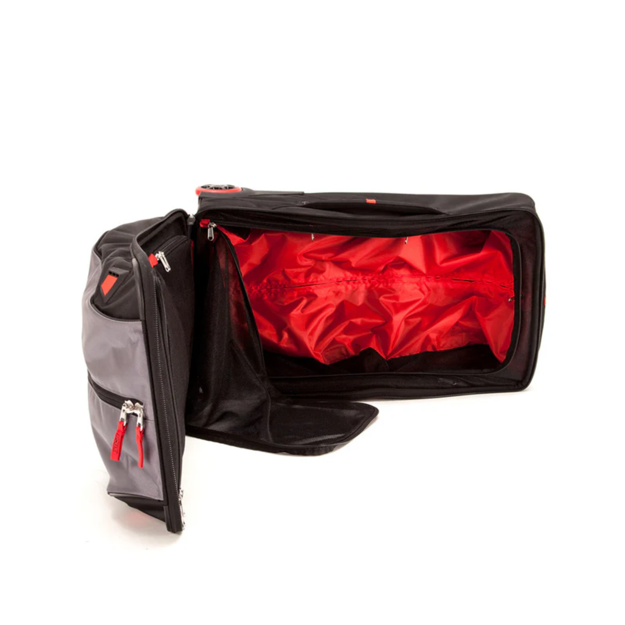The gray Roux 24" Jet Travel Bag from Roux highlighting the internal red storage compartment.