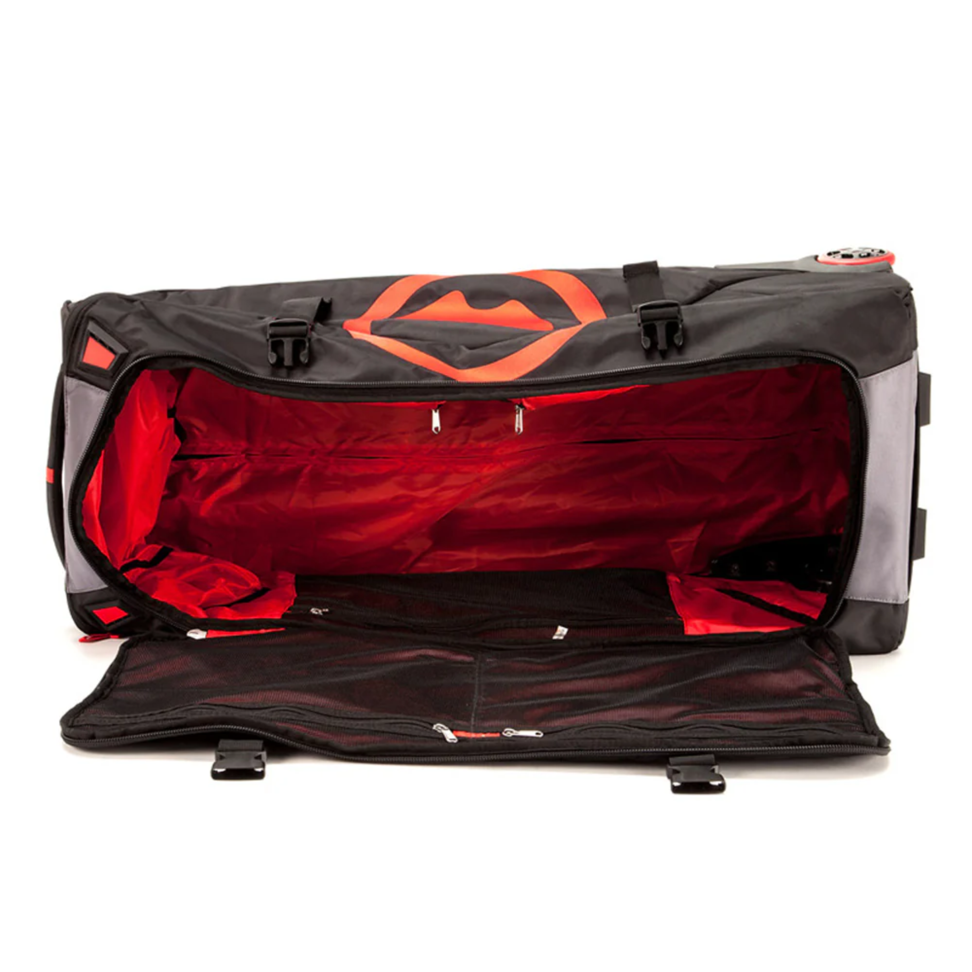 The black, gray and red Roux GT 36" Gear Bag from Roux opened and showing the internal storage.
