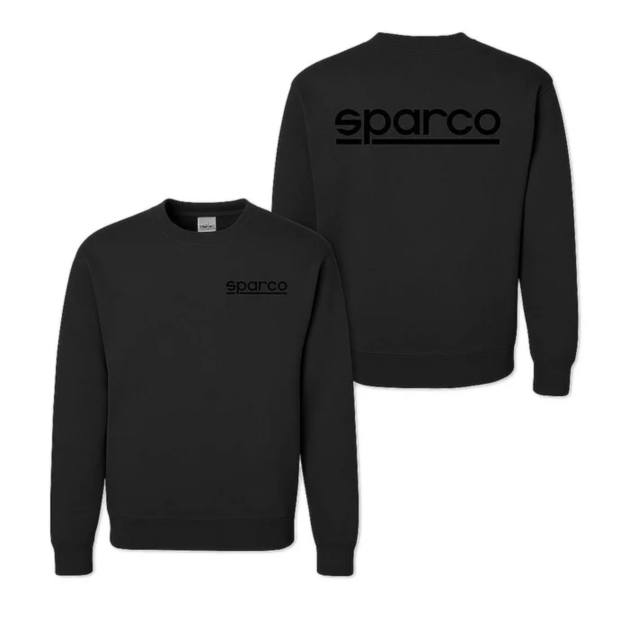 The front and the back of the black Sparco Crew Sweatshirt from Sparco.