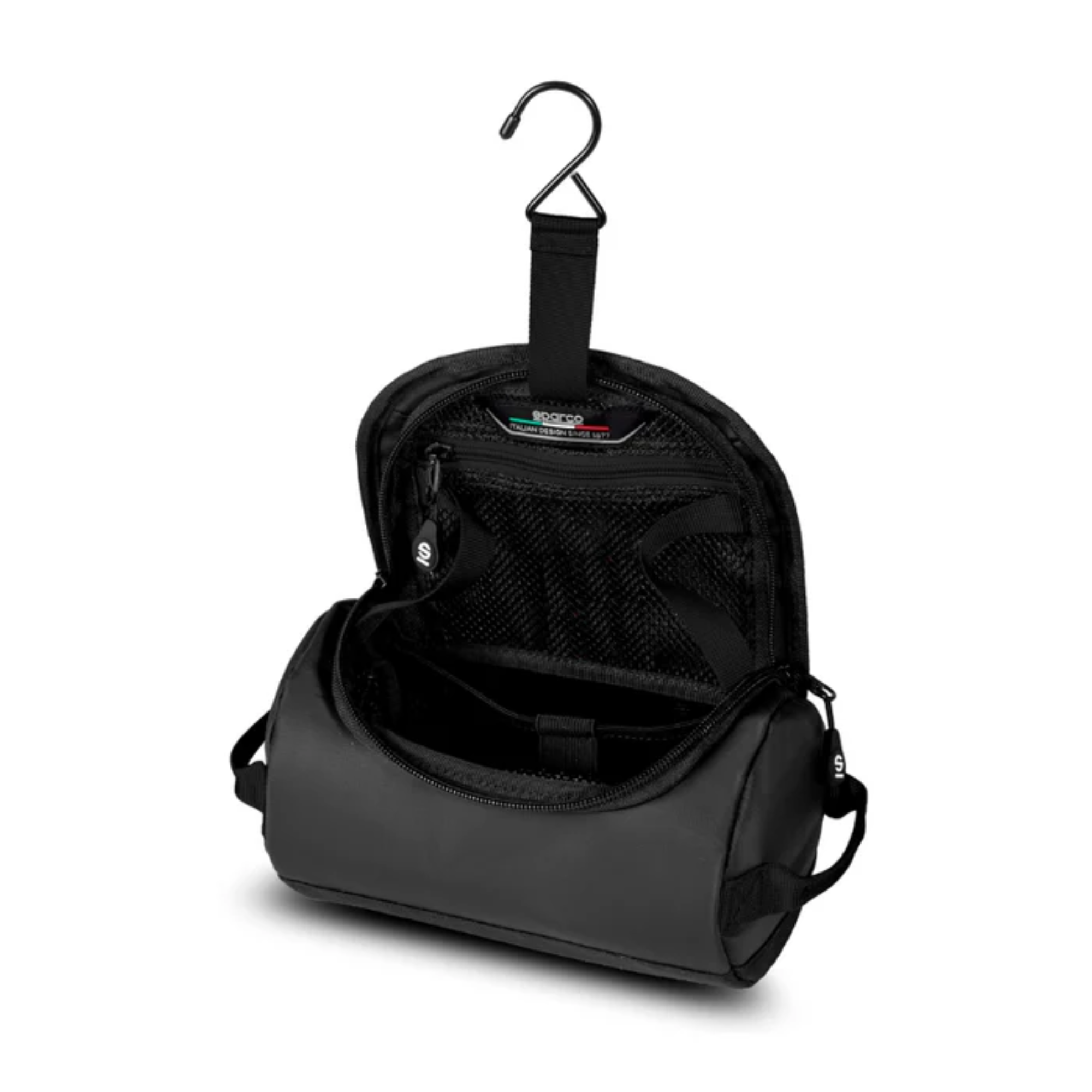 The black Sparco Dakar Baja Mini Pack toiletry bag from Sparco open showing the internal storage.