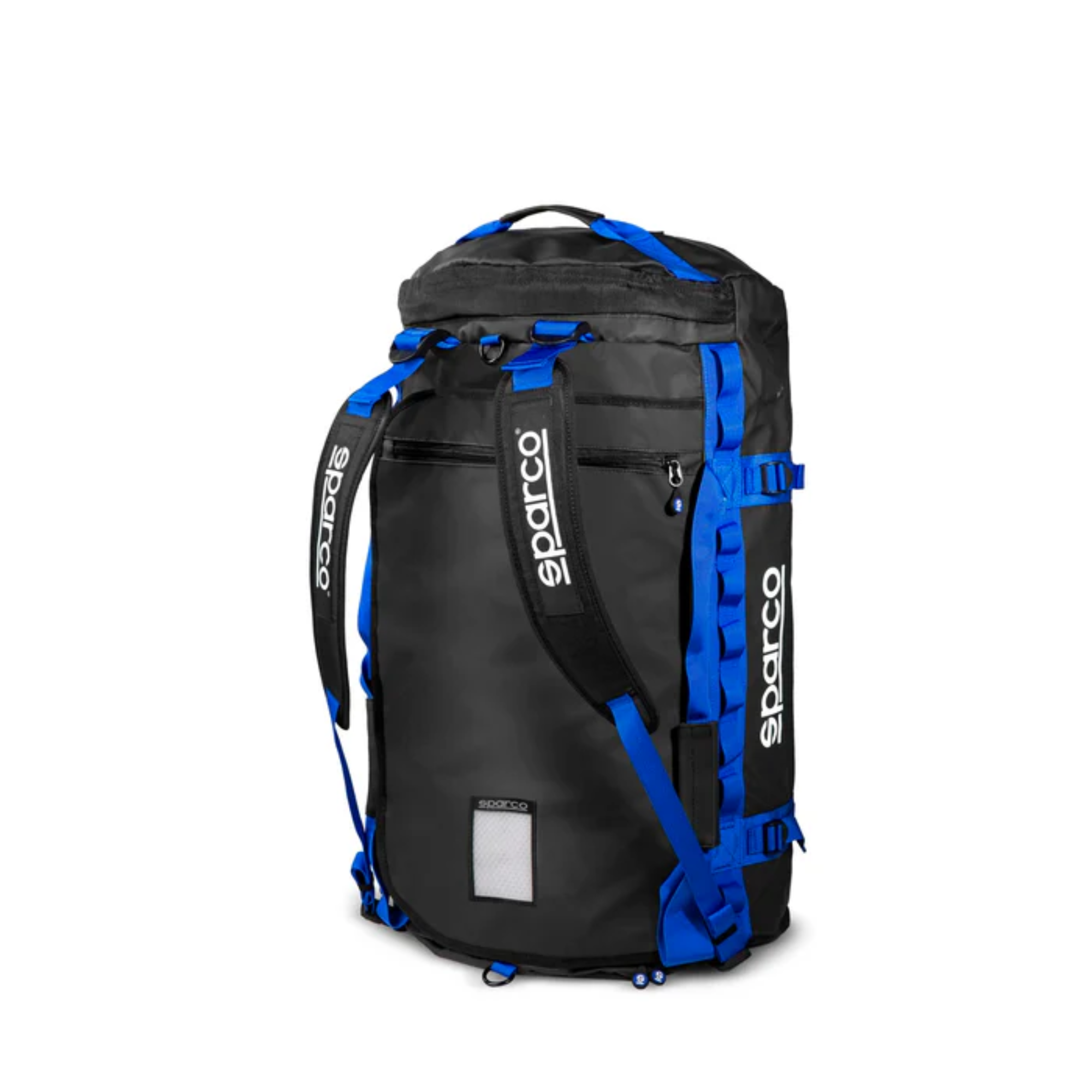 The blue and black Sparco Dakar Large Duffel Bag from Sparco showing the back and the shoulder straps.