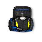 The blue and black Sparco Dakar Large Duffel Bag from Sparco showing the internal storage with a race suit inside.