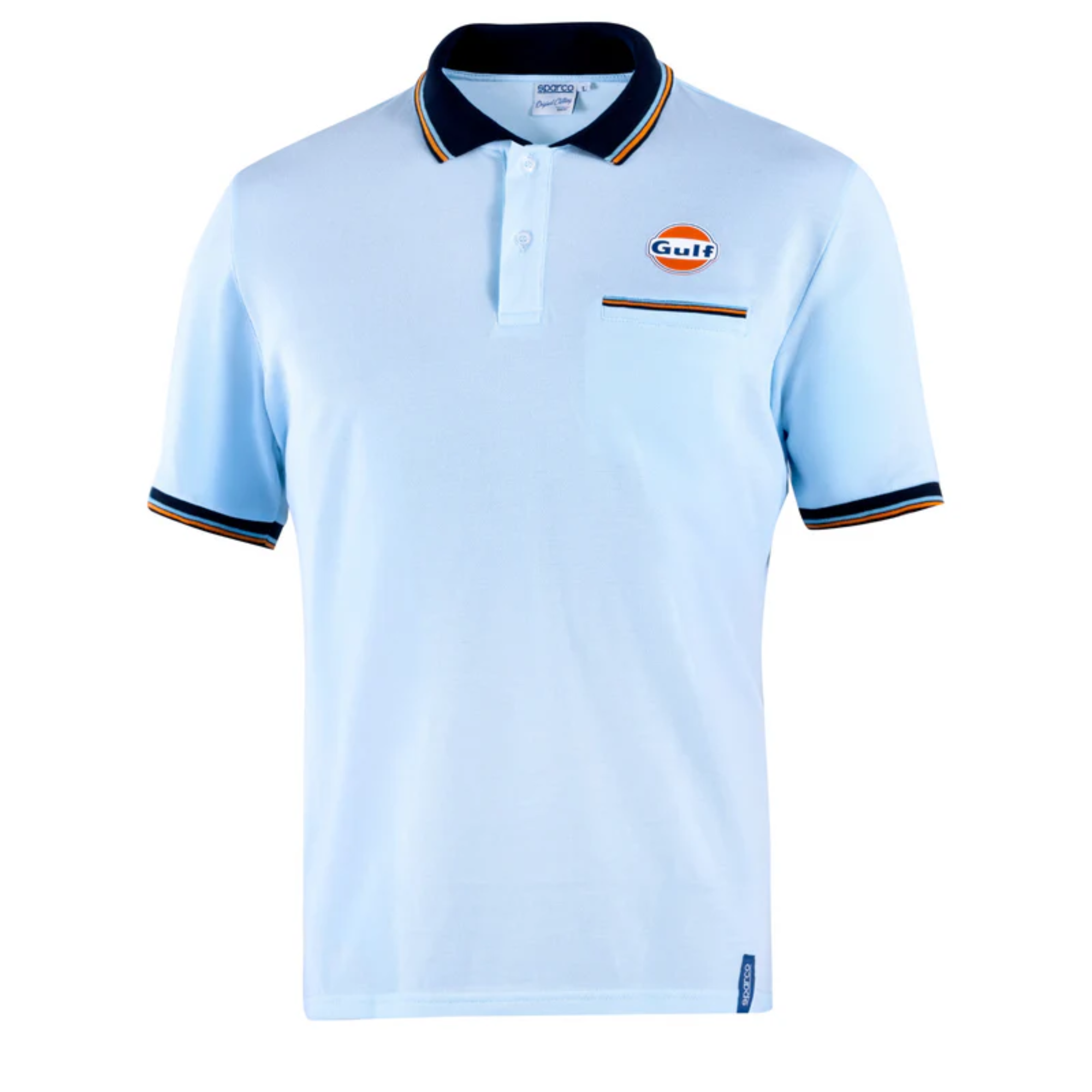 The celeste (light blue) Sparco Gulf Polo Piquet Pocket Shirt from Sparco from the front.
