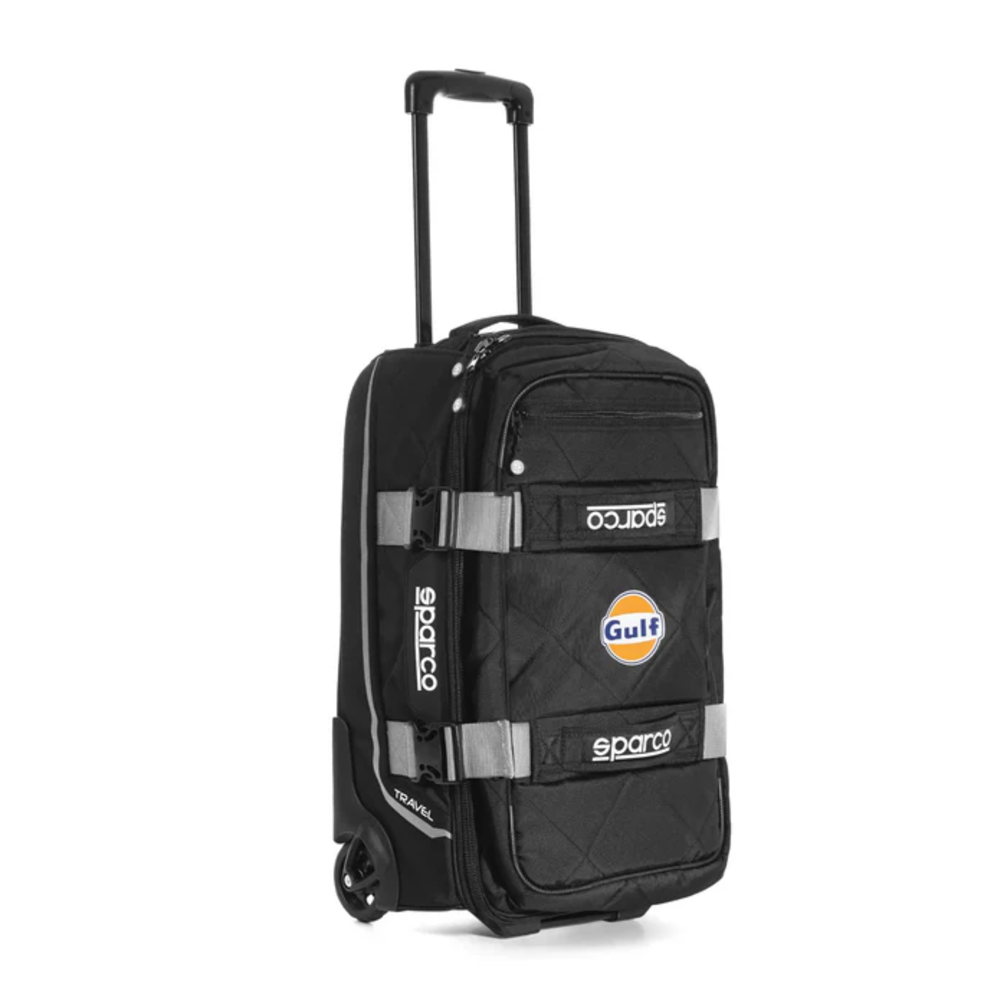 The black and silver Sparco Gulf Travel Bag from Sparco showing the telescopic handle.
