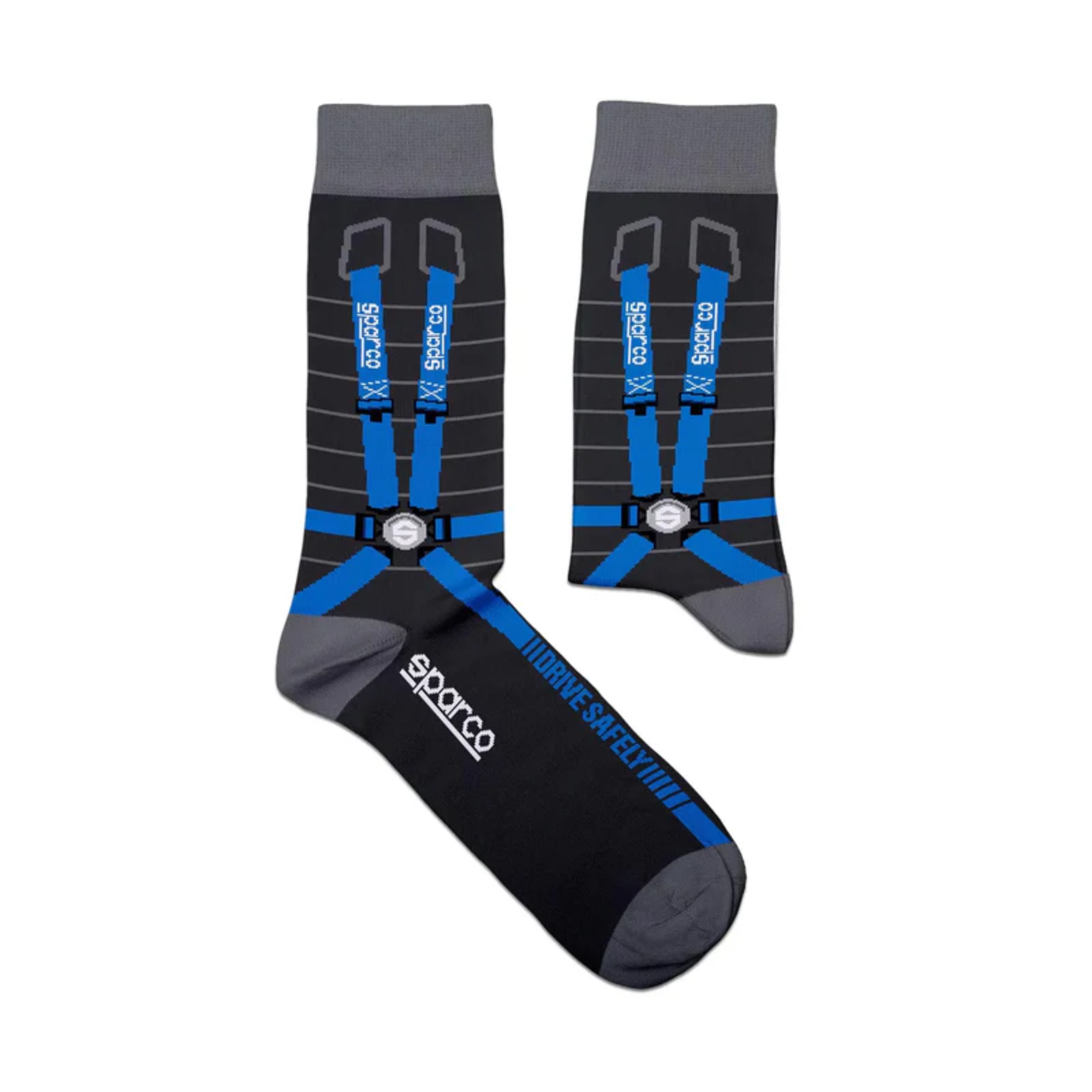 The black, blue and gray Sparco Harnesses Iconic Design Socks from Sparco featuring their motorsports racing harness.