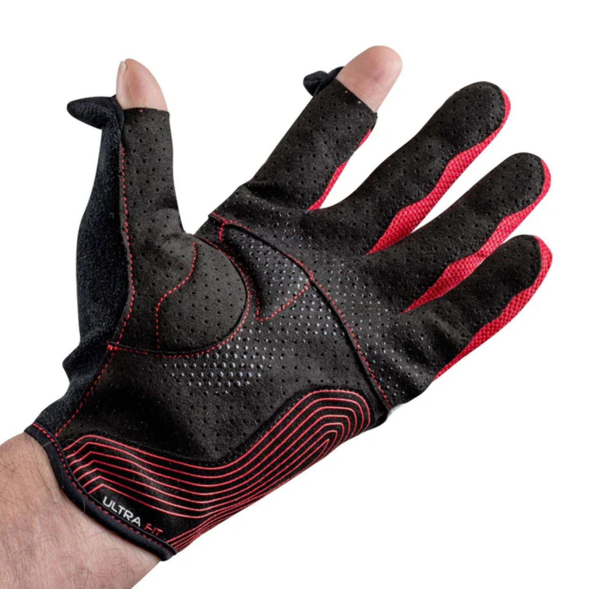The red and black Sparco Hypergrip Gaming Gloves from Sparco showing the removable fingertips.