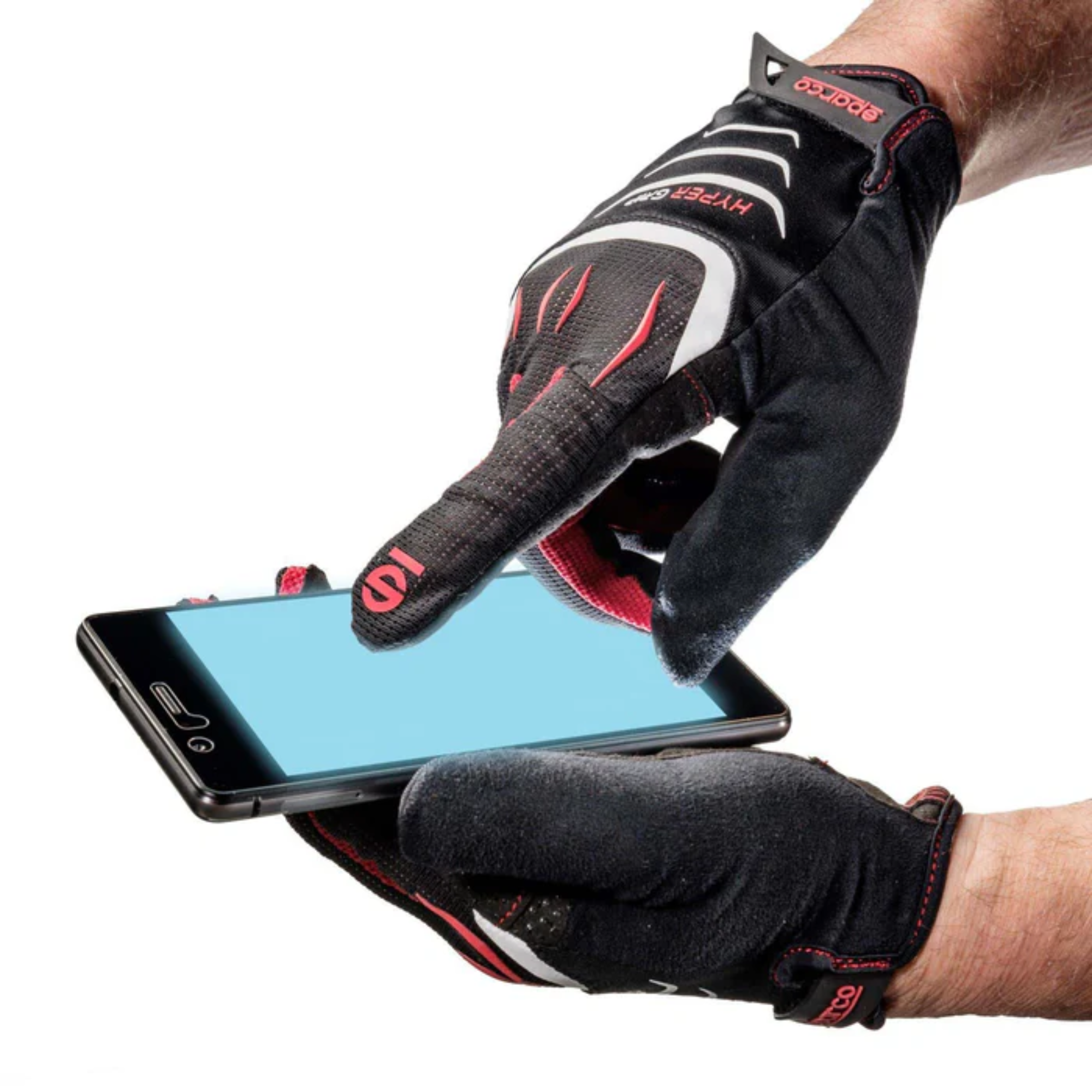 The red and black Sparco Hypergrip Gaming Gloves from Sparco showing it's touchscreen compatible feature.