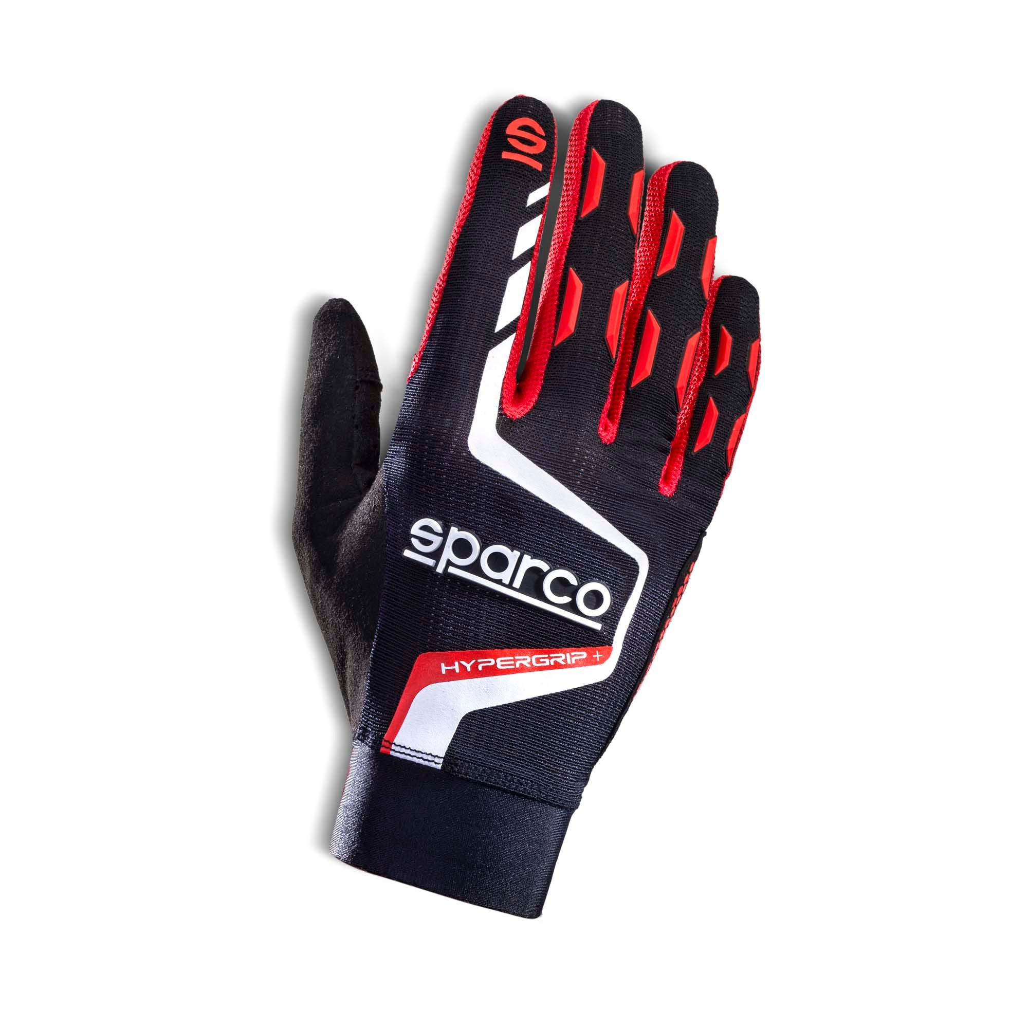 The Sparco Hypergrip+ Gaming Gloves from Sparco in black and red (single glove).