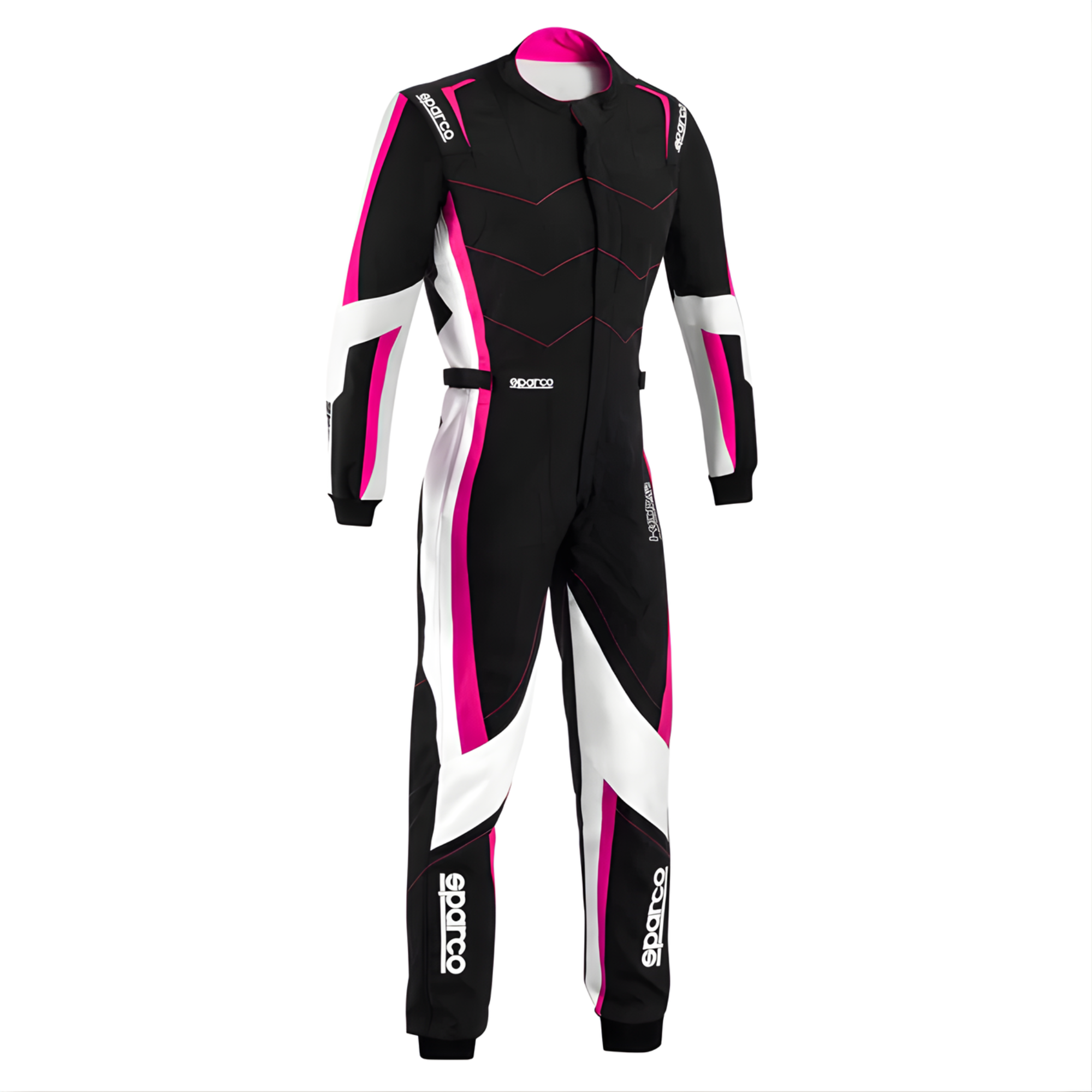 The black, pink and white Sparco Kerb Advanced Girls Kart Racing Suit from Sparco for youth lady racers.